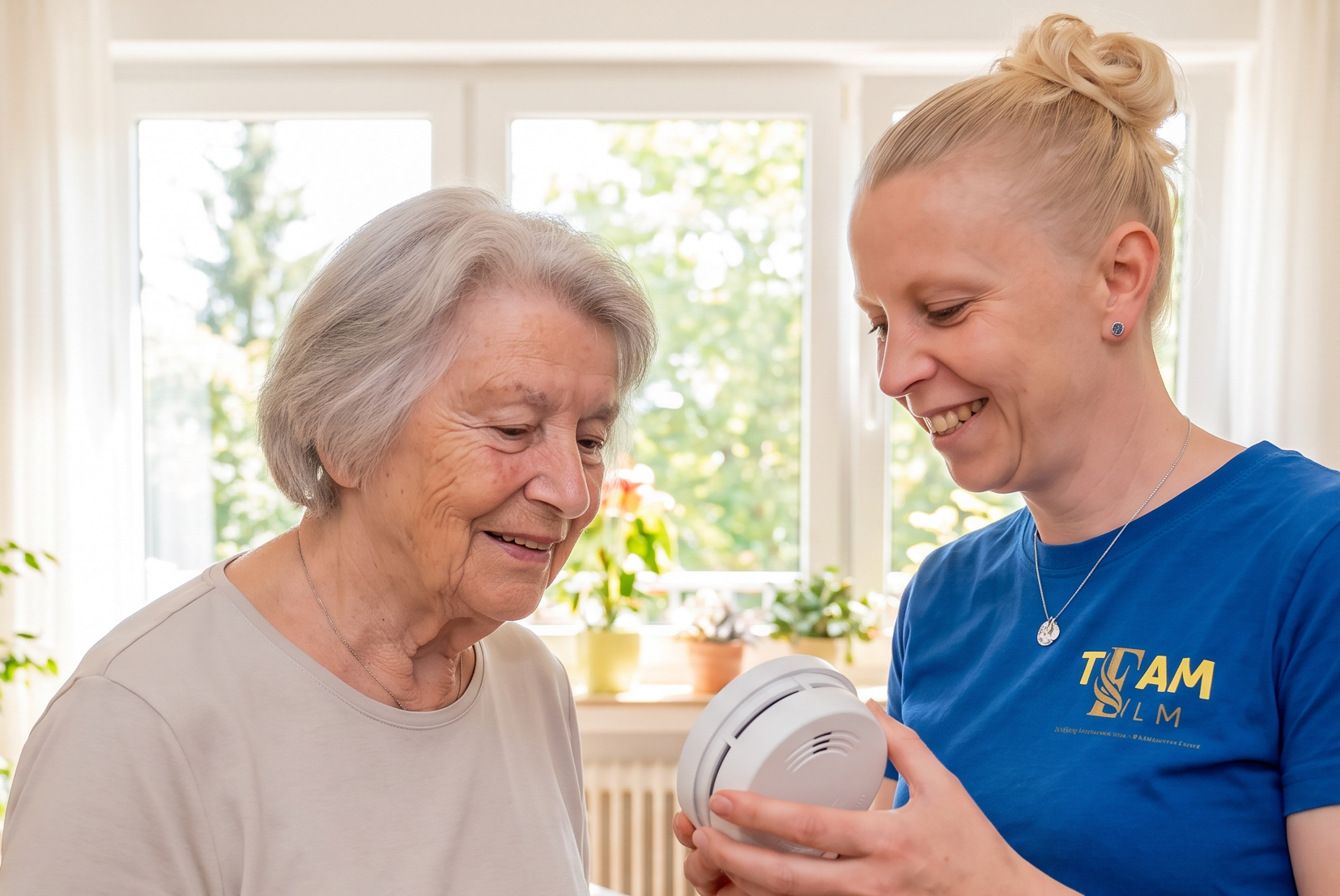 Janine zeigt einer Seniorin wie ein Rauchmelder funktioniert