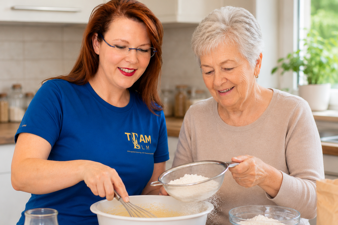 Denise backt einen Kuchen mit einer Seniorin
