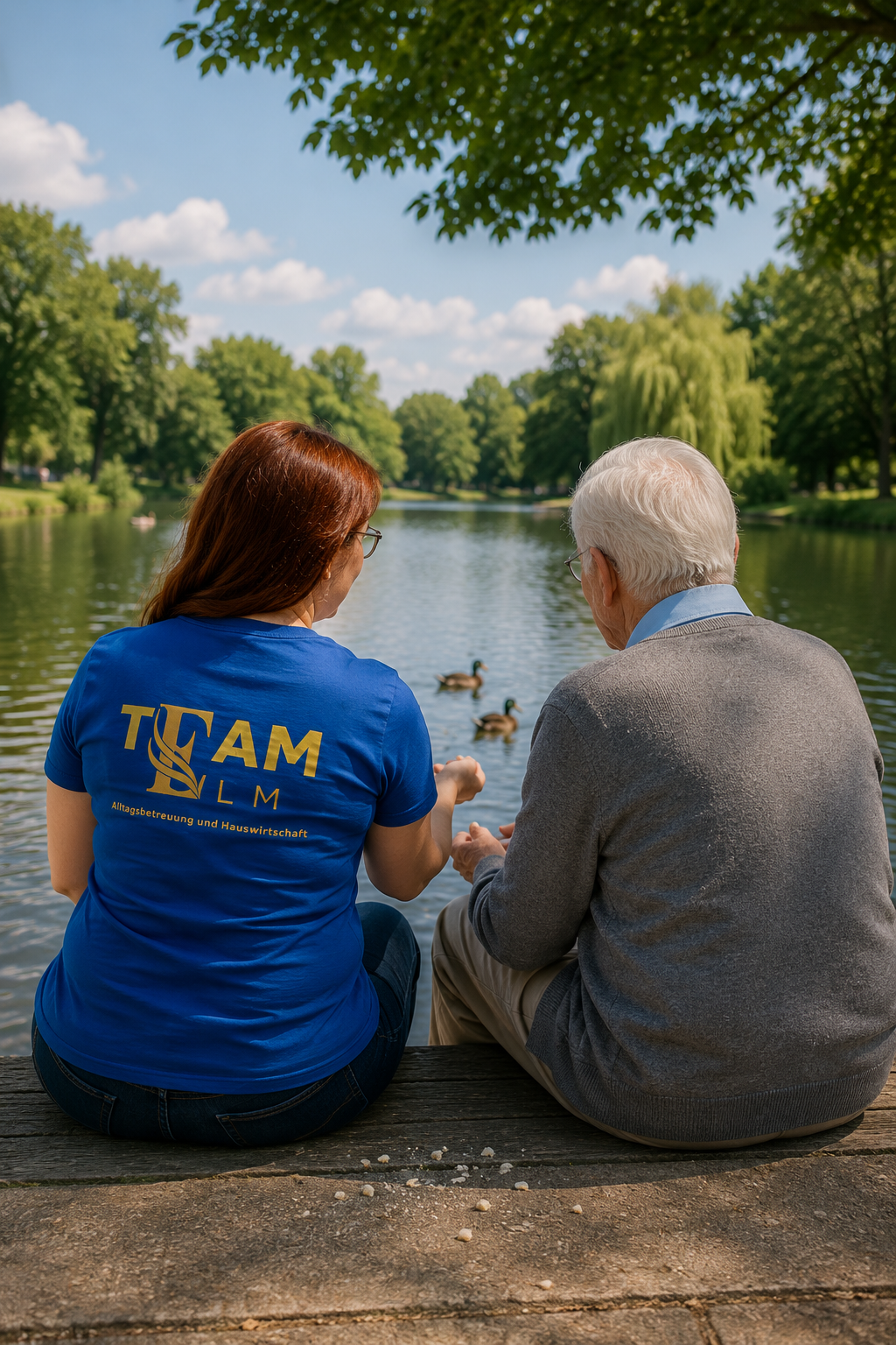 Denise sitzt zusammen mit einem Senior am See und füttert Enten.