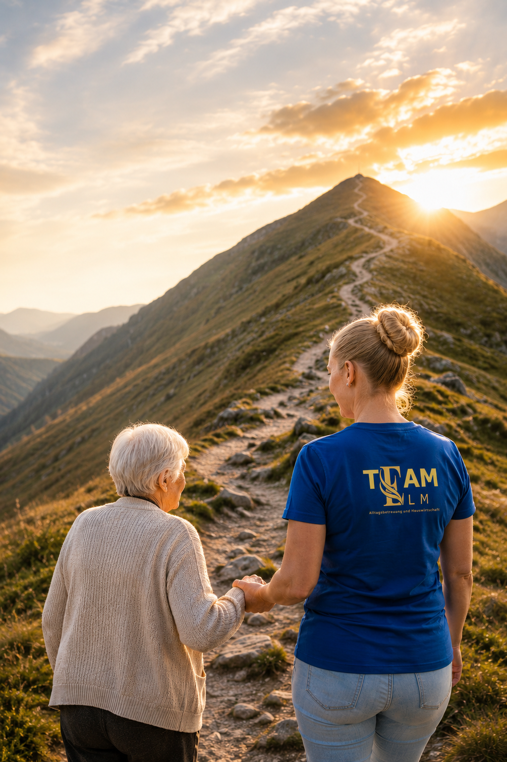 Janine begleitet eine Seniorin über einen Berg - dieses Bild ist als Metapher illustriert
