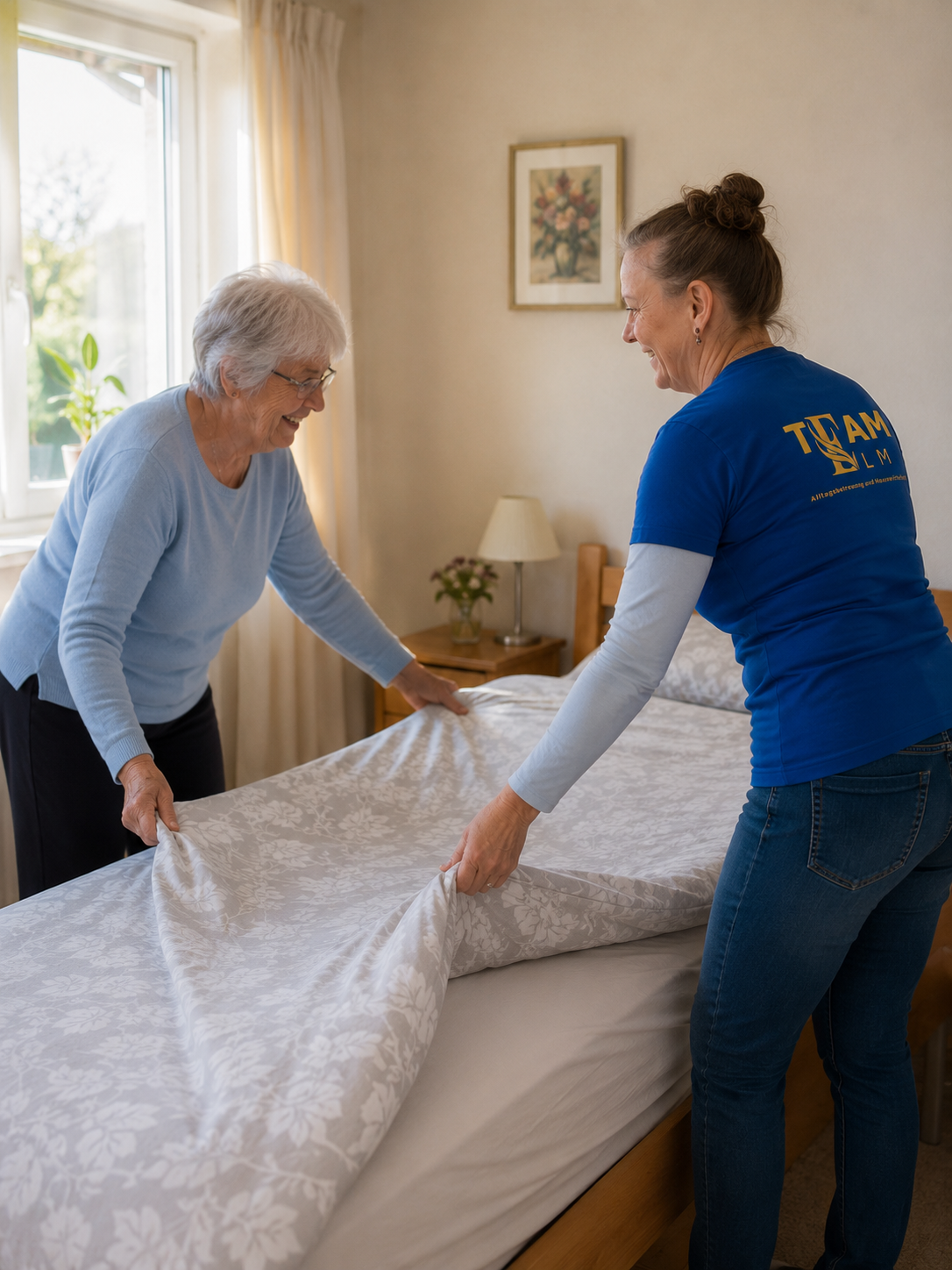 Katrin bezieht mit einer Seniorin ein Bett