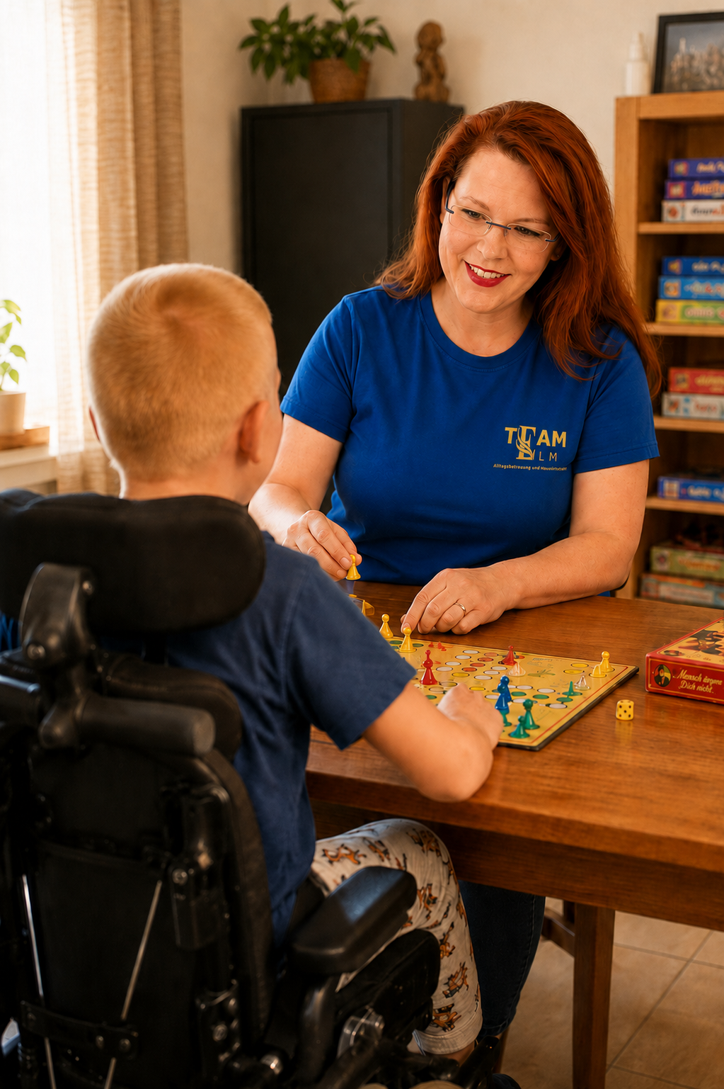Kind mit Pflegegrad spielt mit Denise Mensch Ärger dich nicht