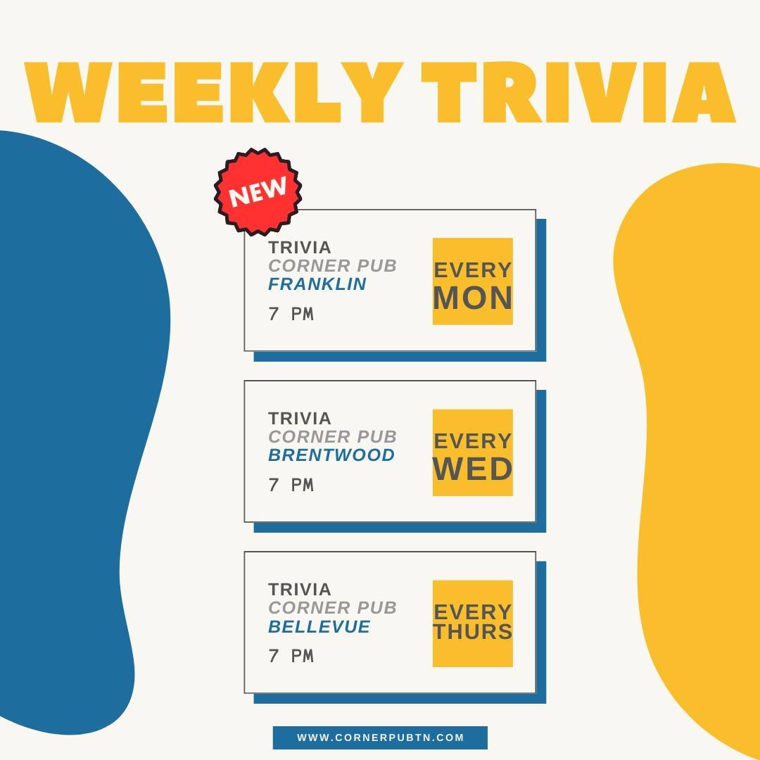 Coming to Corner Pub Franklin, there's going to be some new Monday Night Trivia! Starting April 15th - bring your friends, family, former winners of Jeopardy, anyone you can think of to help you bring home a win!
.
.
.
 #Trivia #NashvilleTrivia #Corn