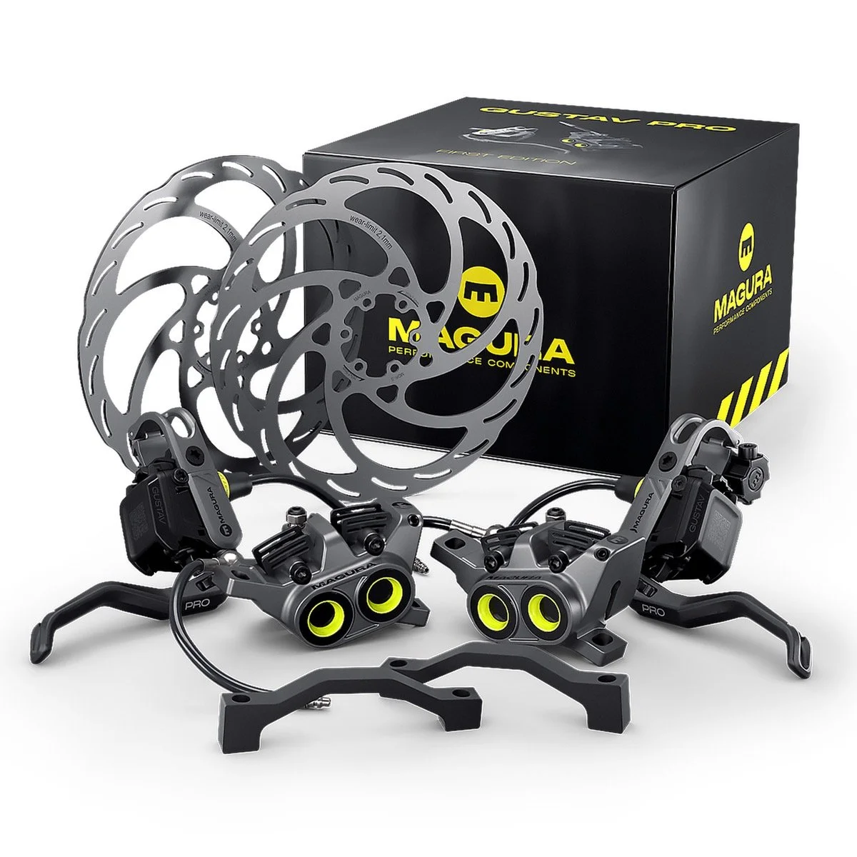 Set of Magura hydraulic brake calipers, rotors, and mounting hardware for bicycle disc brakes with a black and yellow Magura box in the background.