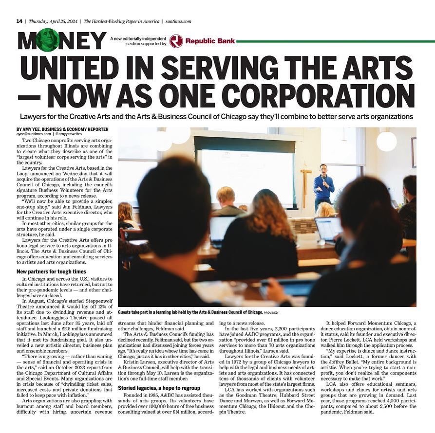 Good news for artists seeking legal and business counsel from @chicagosuntimes today: @lca_illinois &ndash; a major provider of pro bono legal services to our creative community &ndash; is now also operating @artsbizchicago programming, including its