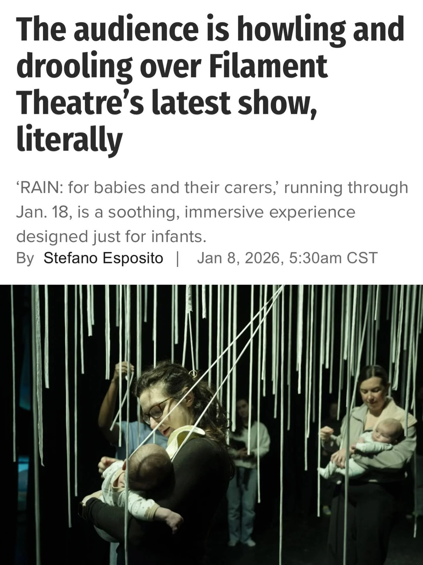 Thank you to @sesposito1967 for this delightful story for @chicagosuntimes and @wbezchicago about @filamentplays&rsquo; production for Chicago&rsquo;s youngest theatre-goers! 

&ldquo;RAIN: for babies and their carers&rdquo; is running now through Ja