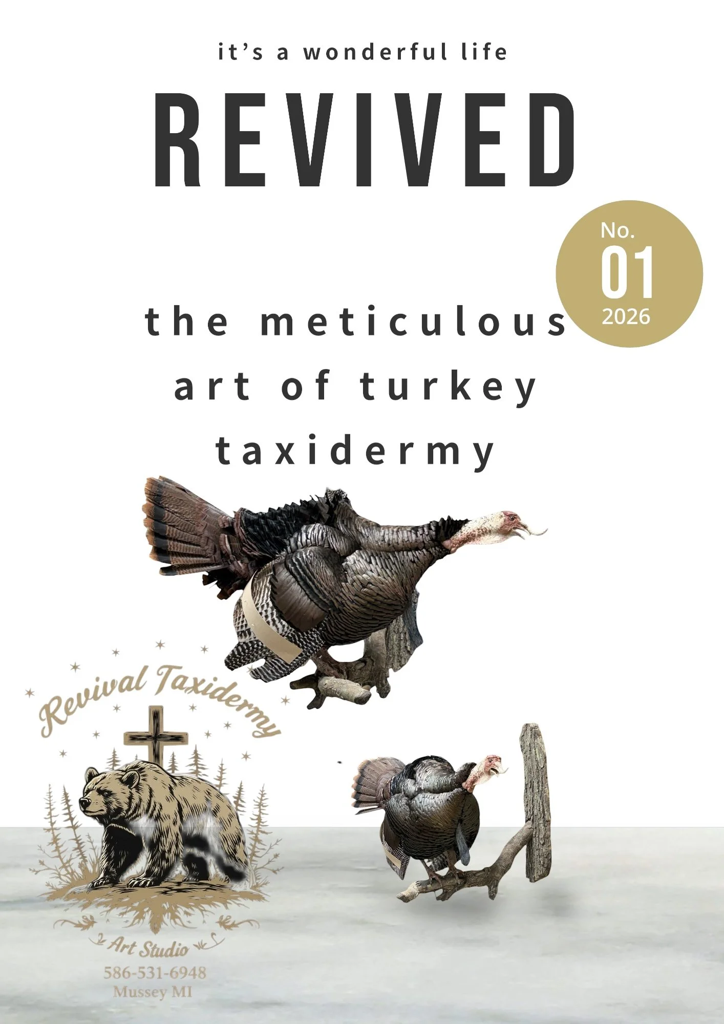 Magazine cover titled "Revised: The meticulous art of turkey taxidermy," featuring images of two mounted turkeys and a depiction of a bear with a cross, with the date January 2026 and contact information for an art studio in Mussey, Michigan.