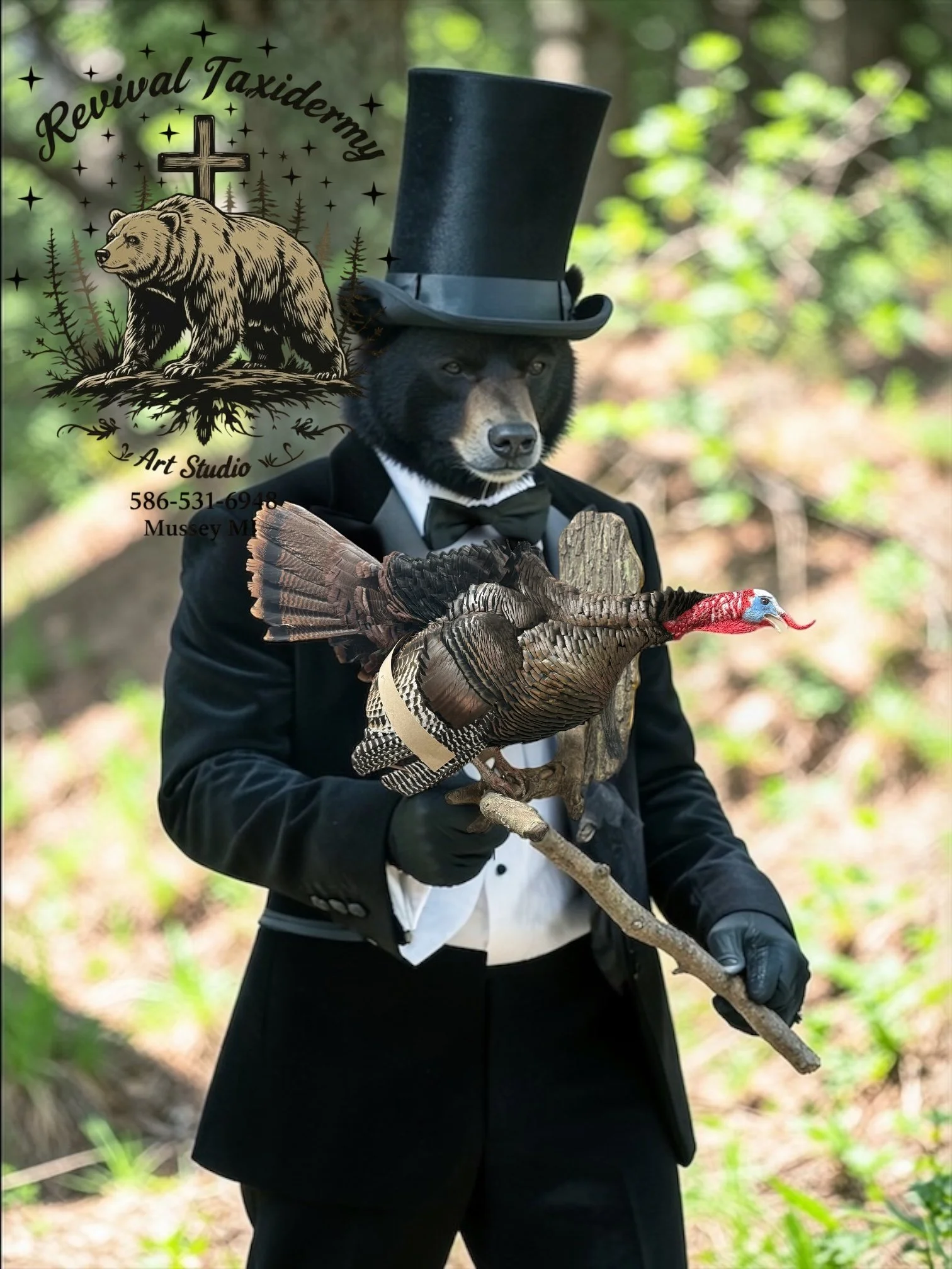 A dog dressed in a tuxedo and top hat, holding a turkey in a wooded outdoor setting.
