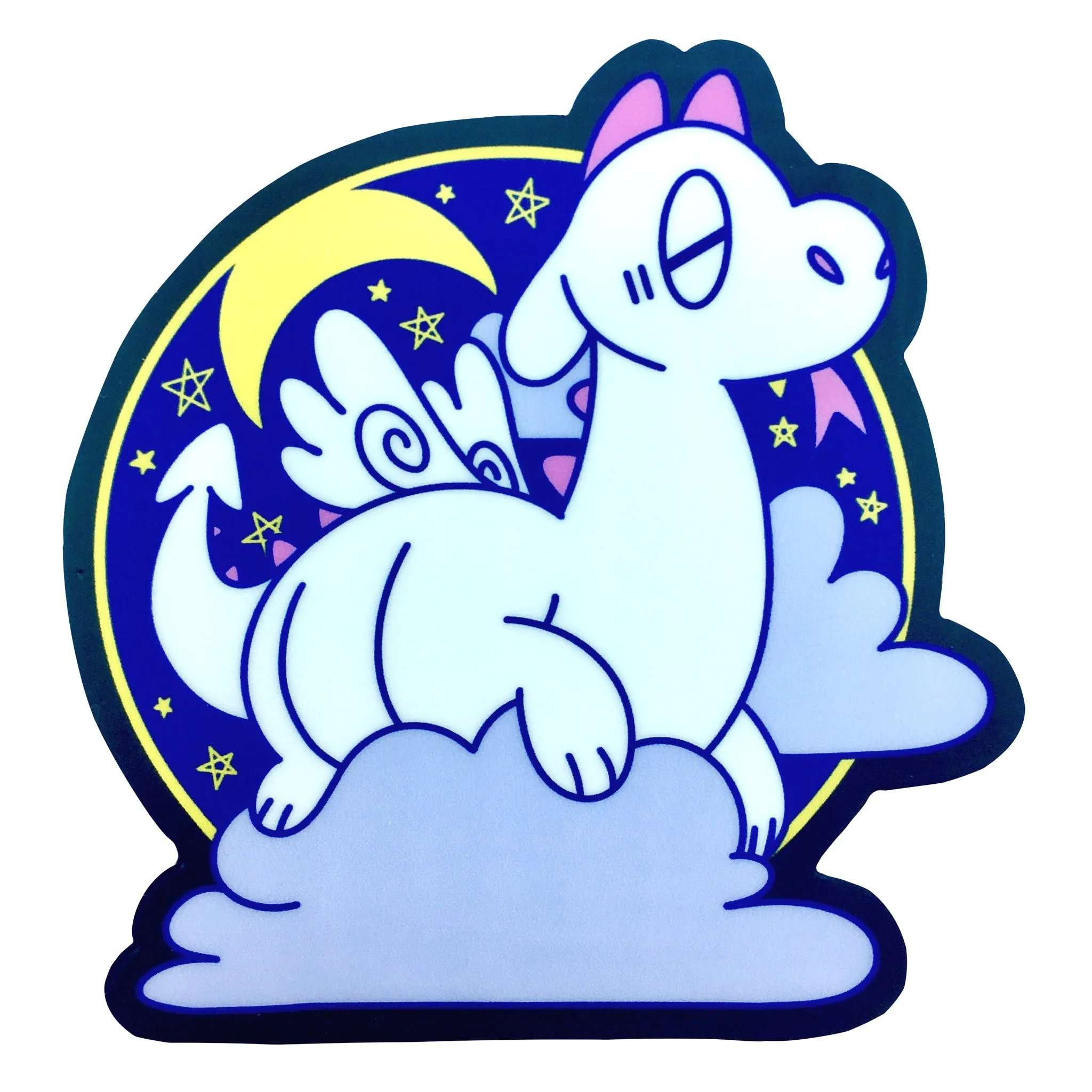 A vinyl sticker laying on a white backdrop. The sticker features a sleeping cute white dragon on a cloud, surrounded by the moon and night sky. It is called the Dreamtime Dragon sticker.