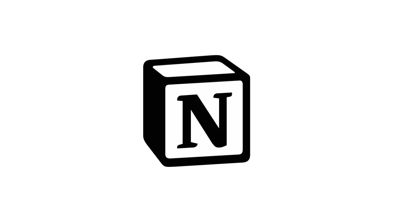 Black background with a white, stylized Notion logo that looks like a 3D cube with the letter N on the front face.