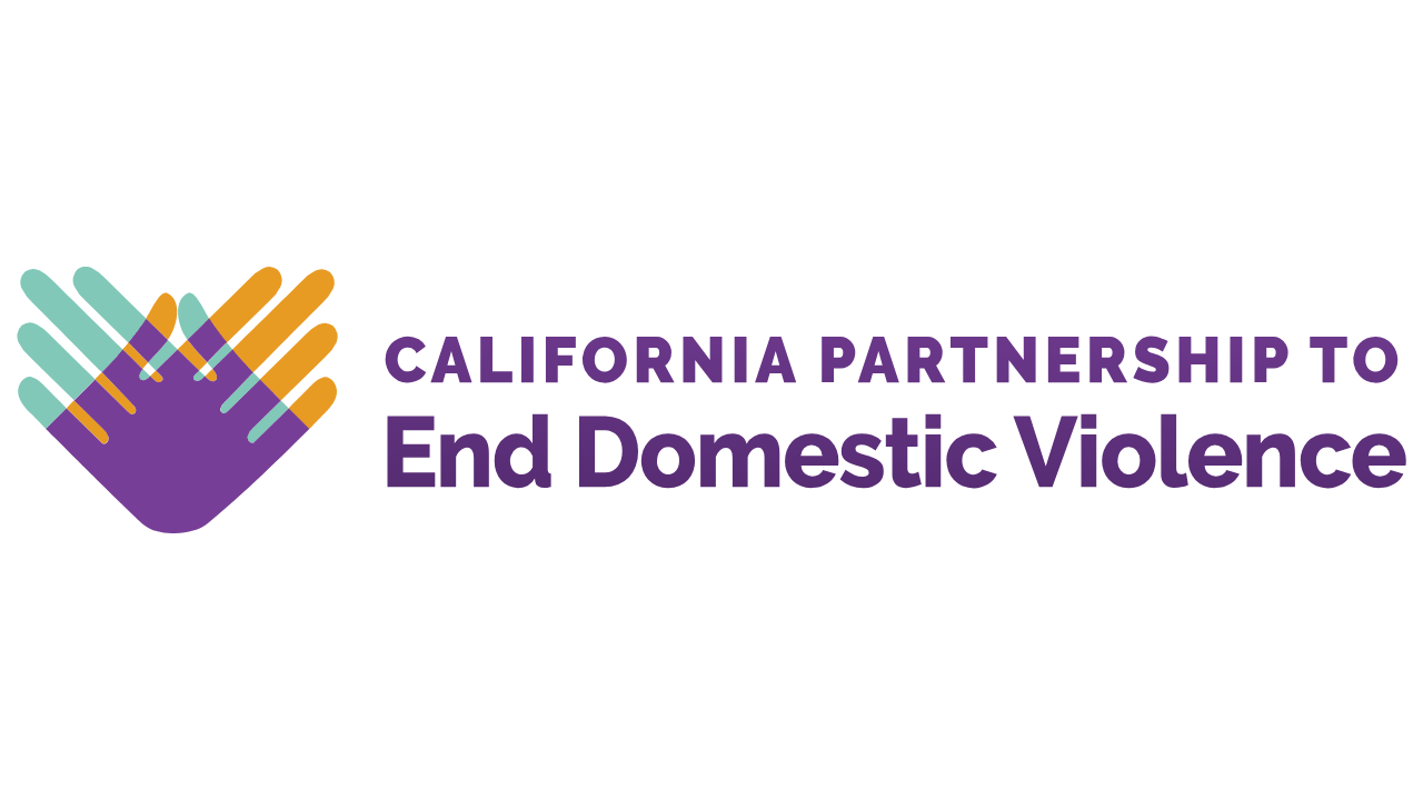Logo for California Partnership to End Domestic Violence featuring a stylized purple diamond shape with four colorful hands reaching over it. The accompanying text reads 'California Partnership to End Domestic Violence' in purple.