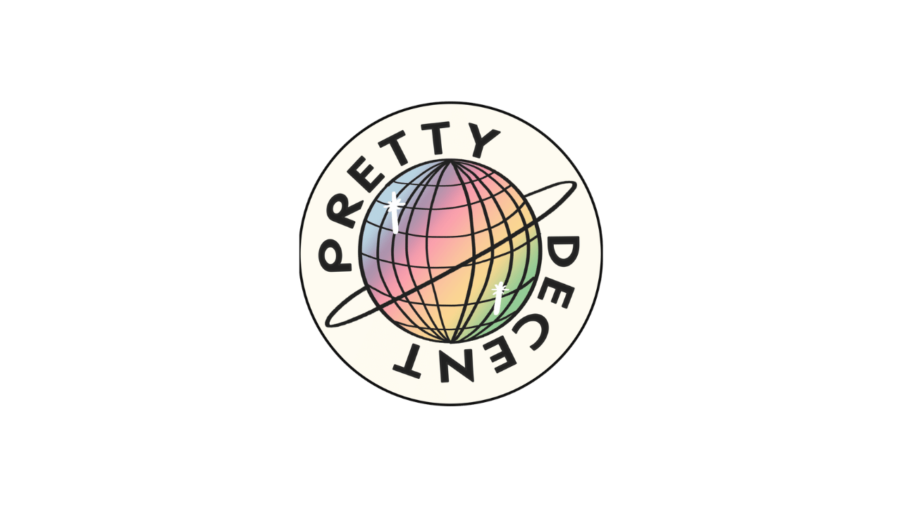 A circular logo featuring a stylized globe with pastel colors, surrounded by the words 'PRETTY DECENT' in black capital letters. The globe has a black grid and two white sparkles, with a thin ring around it.