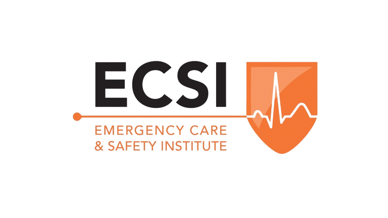 Logo for ECSi Emergency Care & Safety Institute featuring the abbreviation ECSi, a stethoscope, and an orange shield with a heart rate line.