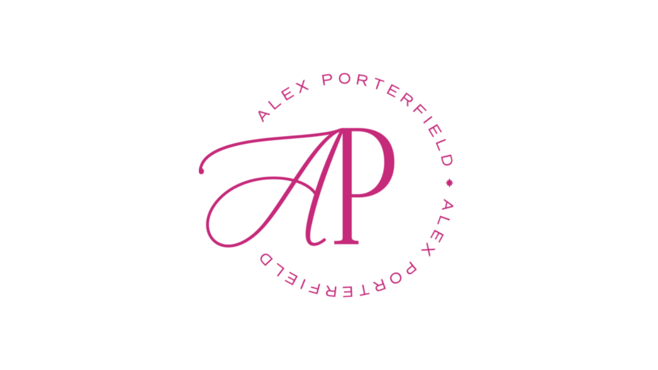 A circular logo with the text 'Alex Porterfield, Alex Porterfield' surrounding the initials 'AP' in a pink script font on a black background.