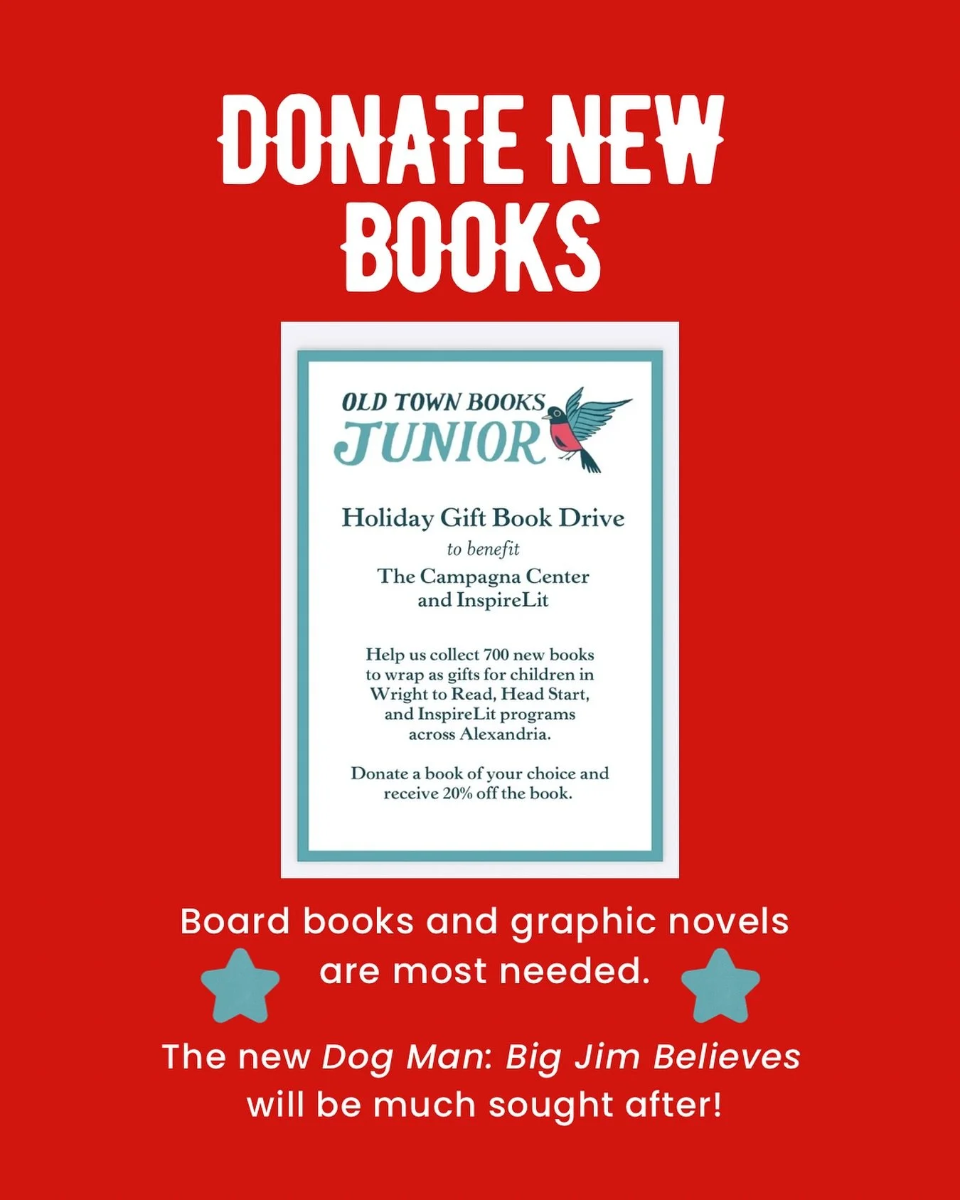 Wondering how to help but don&rsquo;t have gently used books to share or want to make an extra special holiday for kids in our community? @oldtownbooks is offering a 20% discount on books bought to donate to InspireLit and the Campagna Center!

Wonde