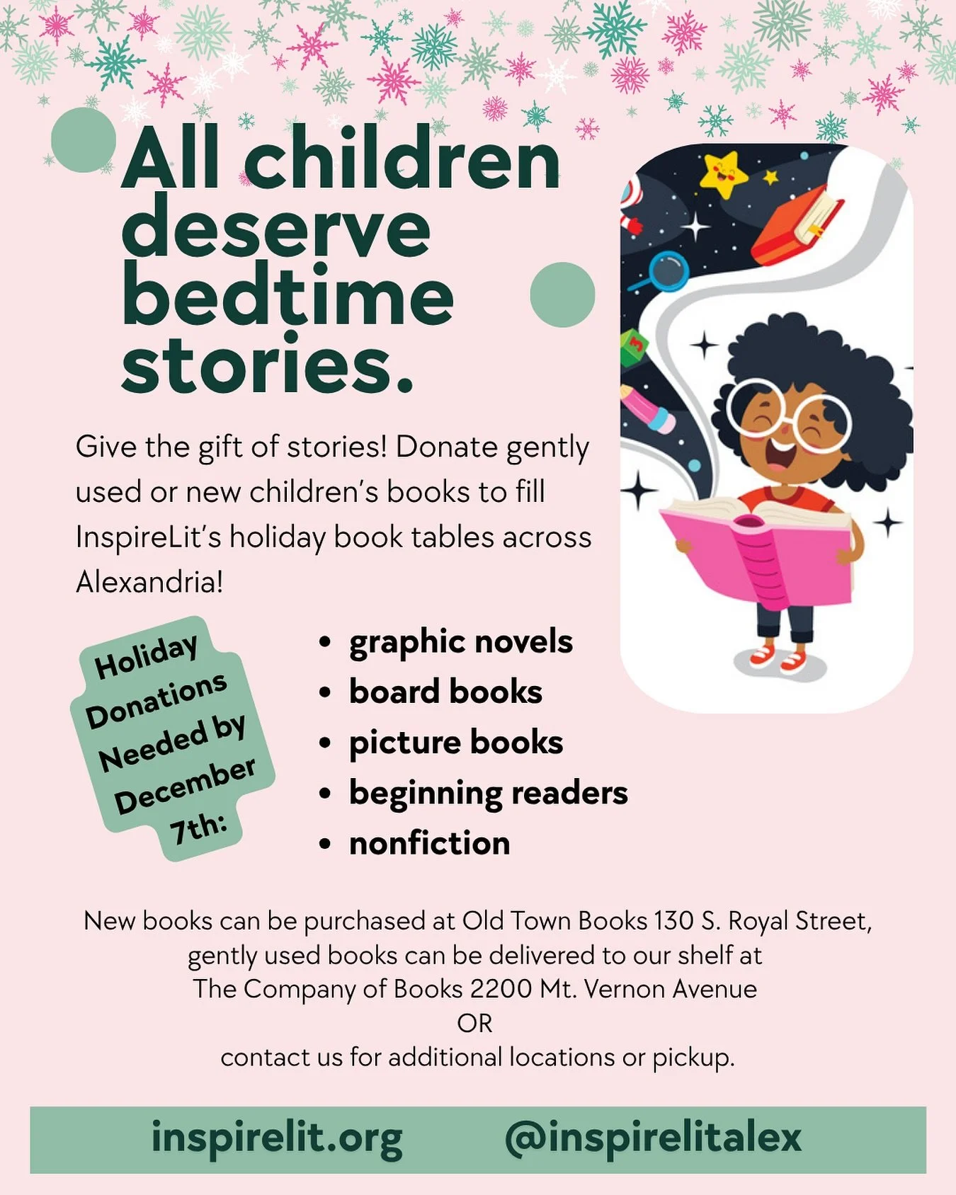 📚Share the Magic of Reading! 📚

This holiday season, InspireLit is decking the halls with books for kids at five partner events across Alexandria!

We especially need
*Graphic Novels (the most wanted of the season!)*
+Board Books
+Bilingual Books
+