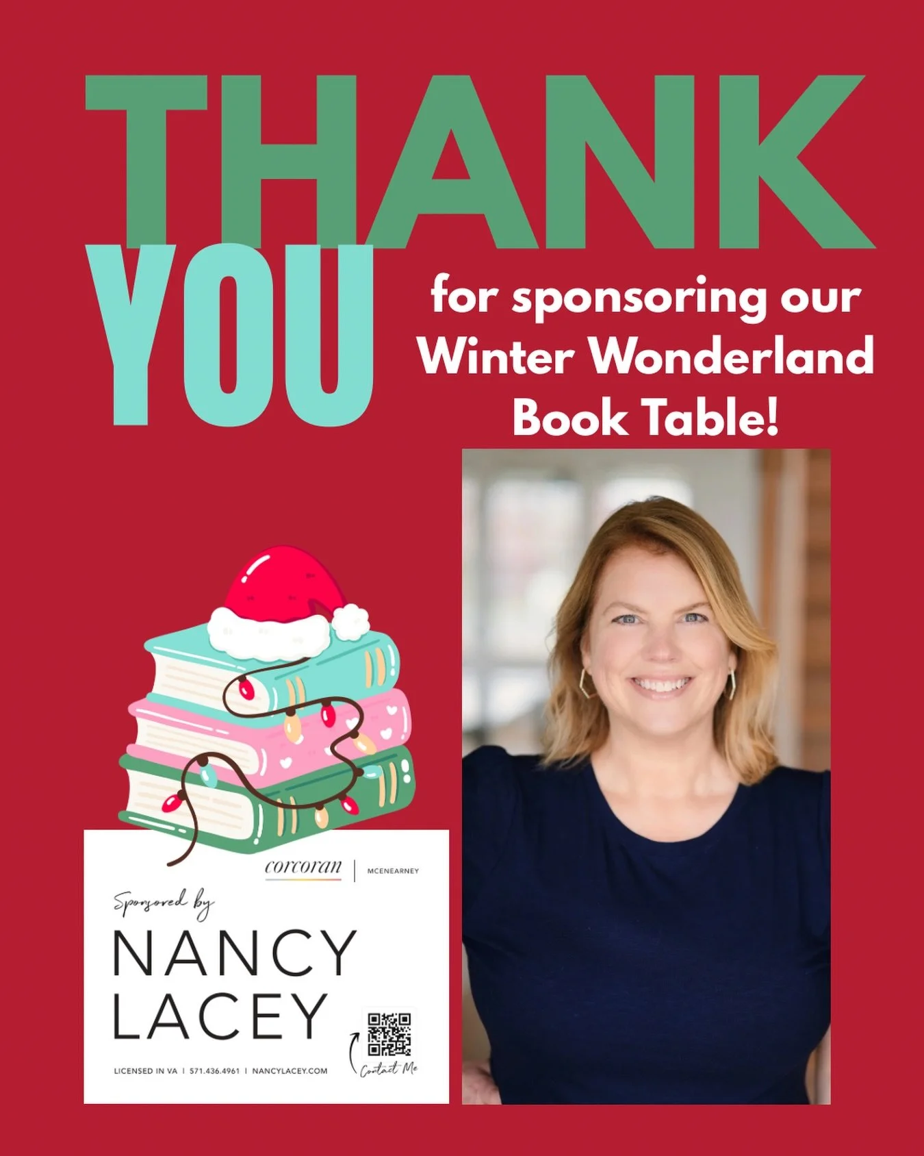 We are so grateful to @nancytlaceyrealtor for sponsoring our book tables at ARHA&rsquo;s Winter Wonderland this coming weekend! It&rsquo;s such a joy to partner with Nancy and her community spirit! 
@corcoranmce @mcenearneylife 
#alexandriava #sharek
