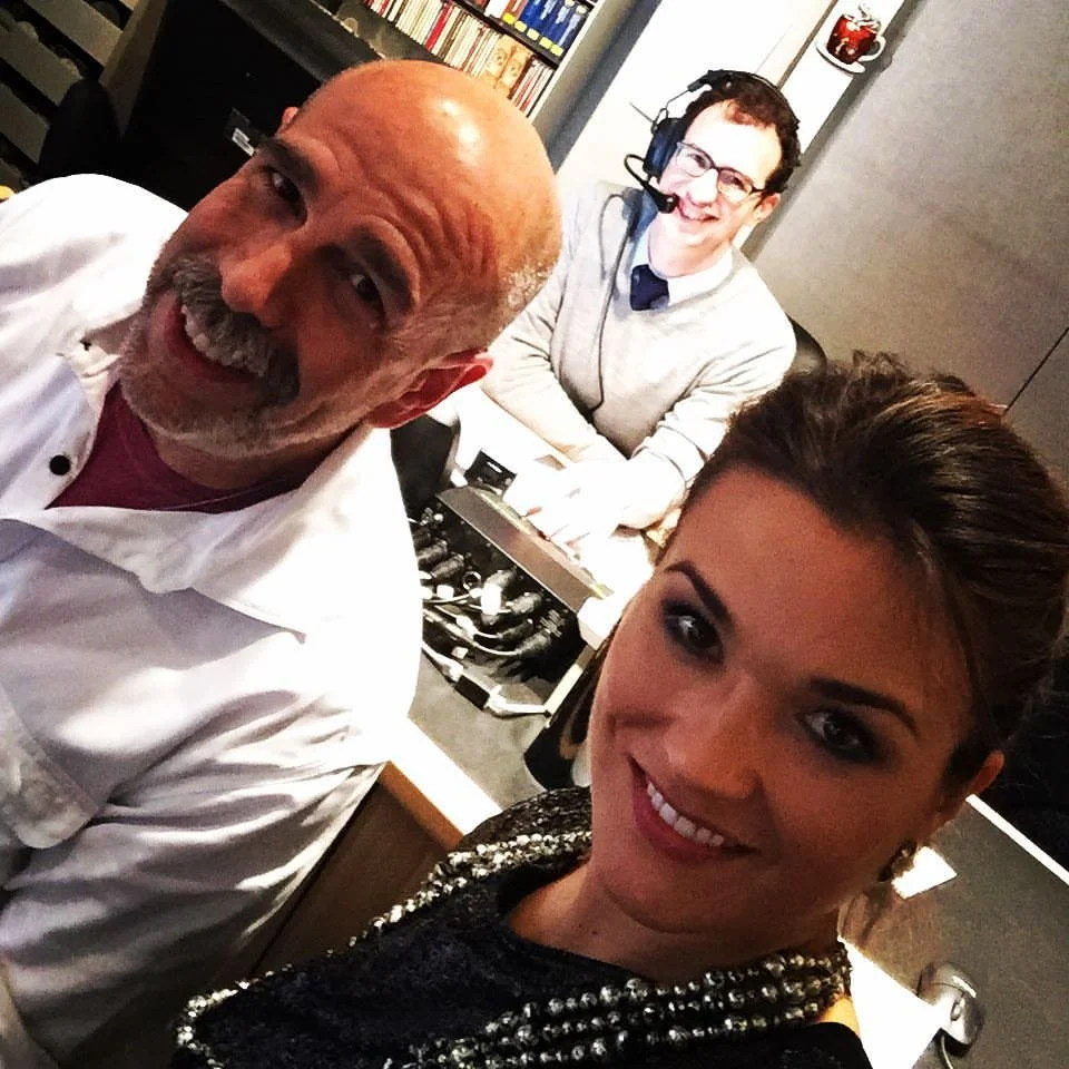Directing a live matinee broadcast from The Metropolitan Opera at Lincoln Center (while bathed in overhead light) with co-host William Berger and Russian soprano Olga Peretyatko (Met Opera/SiriusXM)