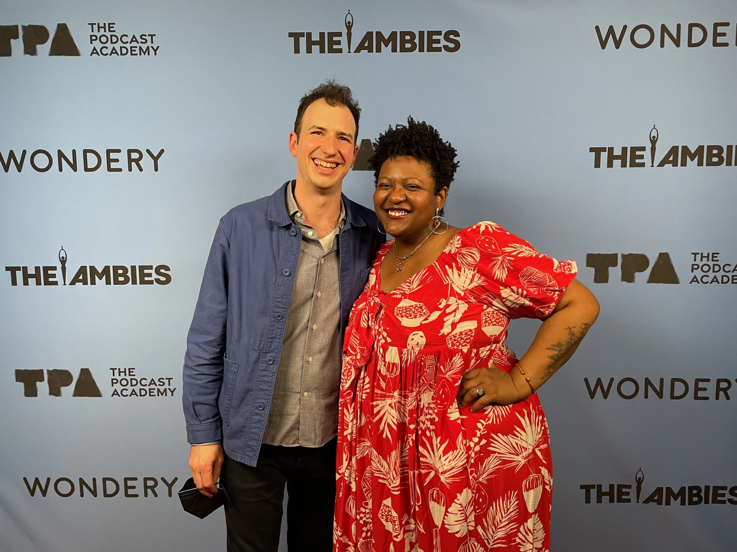 Aaron A. Dalton and Into America exec producer Aisha Turner going at the 2022 Podcast Academy Awards (The Ambies) at the Mayan Theater in downtown Los Angeles