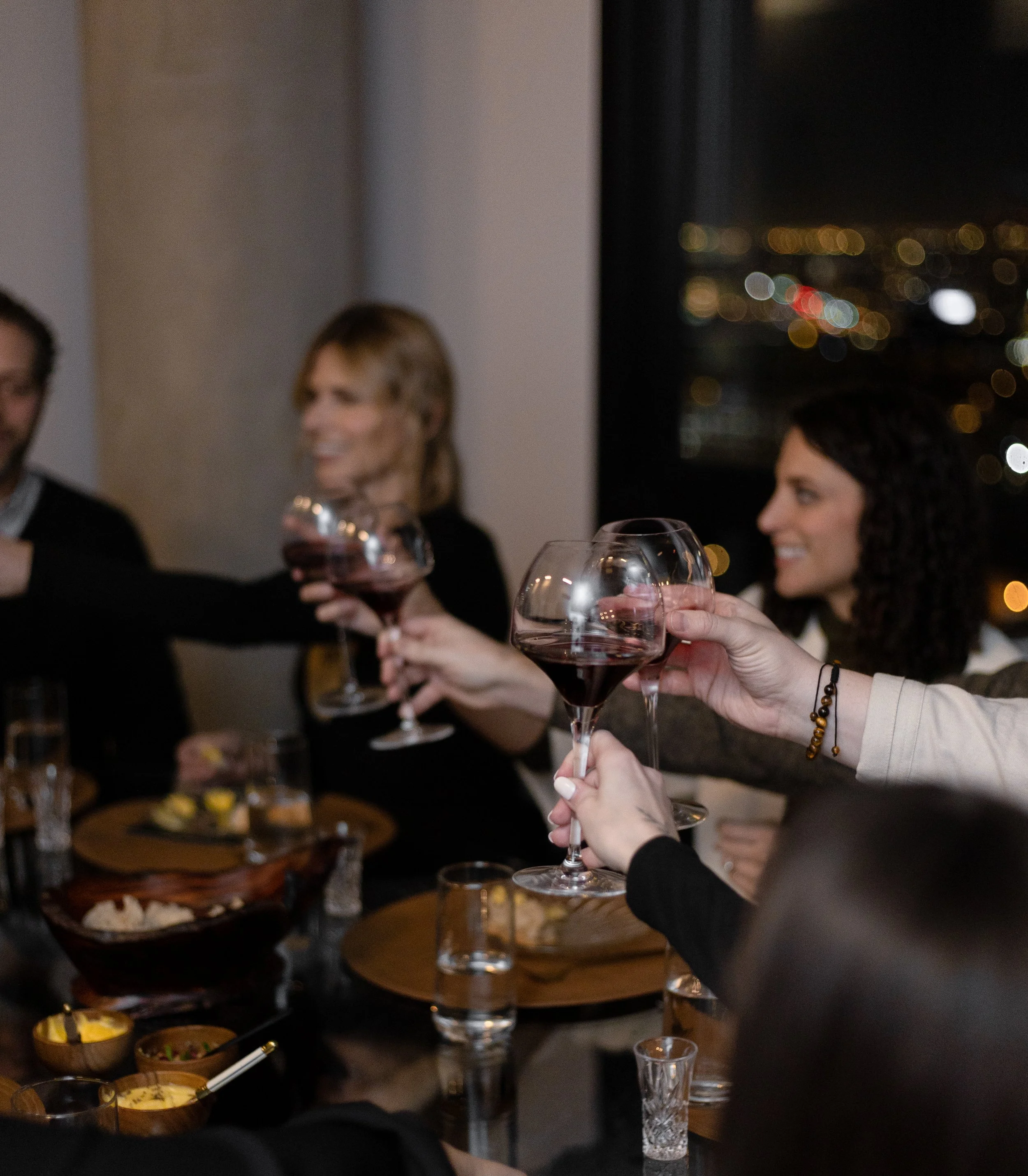 Guests cheers at apartment dinner party