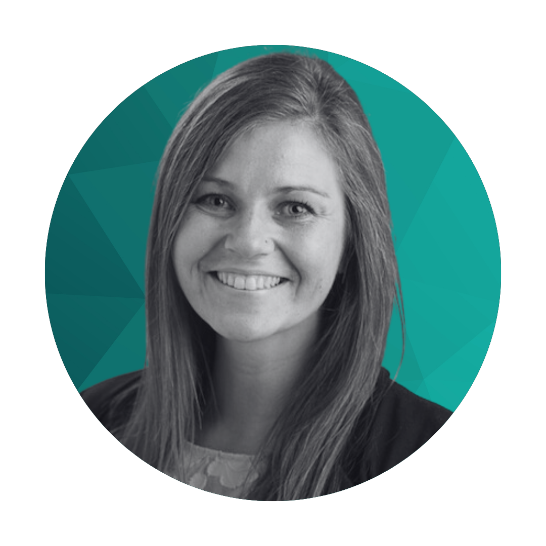 Black and white headshot of a woman with long hair, smiling, with a teal geometric background.