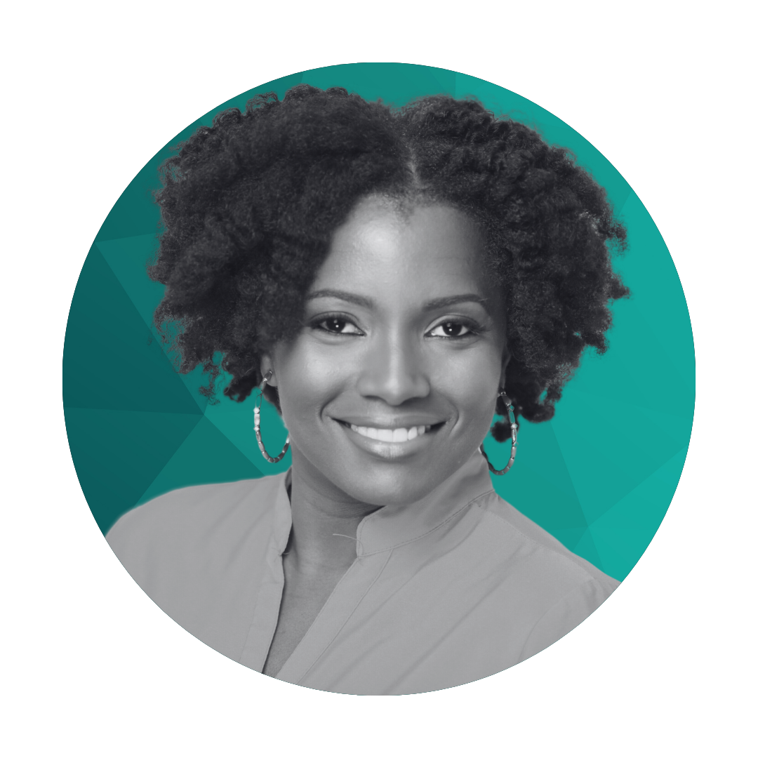 Black and white portrait of a smiling woman with curly hair, wearing hoop earrings and a light-colored shirt, set against a teal geometric background.