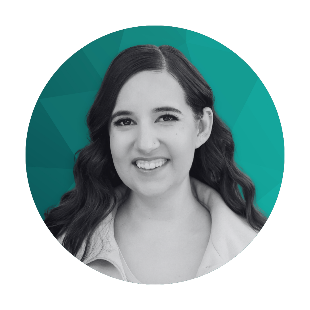 Black and white portrait of a smiling woman with wavy hair, against a geometric teal background.