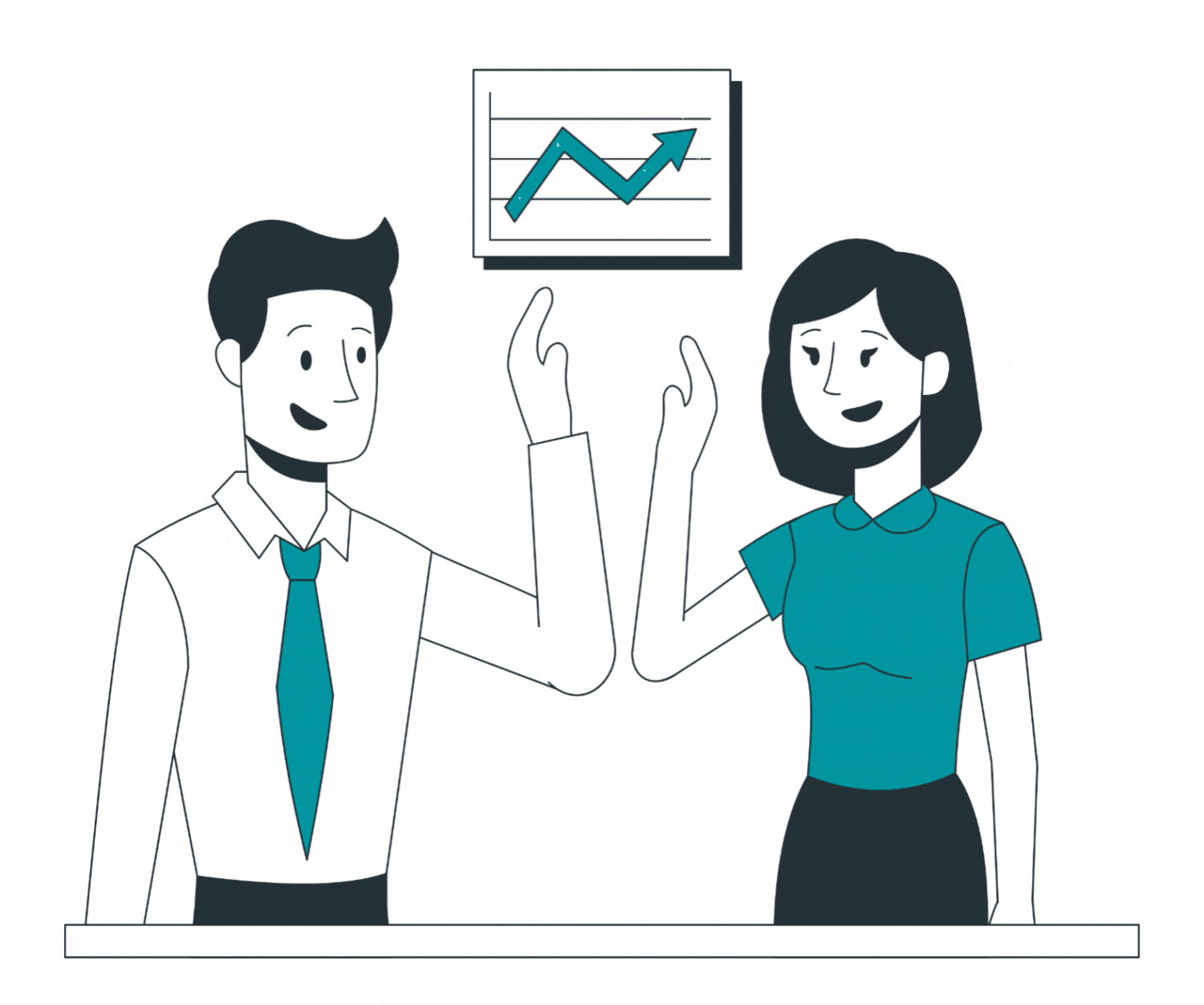 A man and woman in business attire smiling and high-fiving with a line chart with an upward arrow in the background.