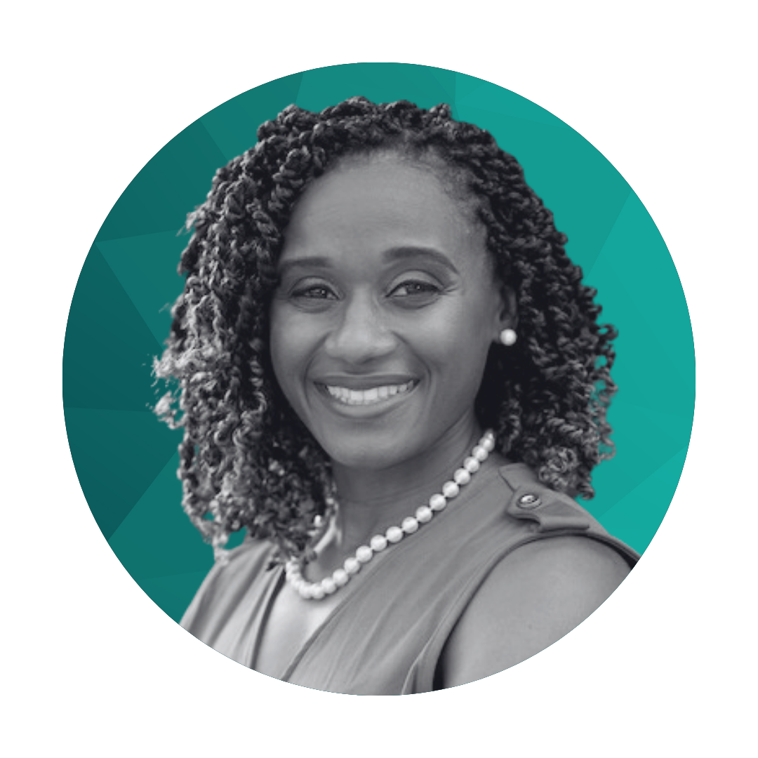 Black and white professional portrait of an African American woman with curly hair, wearing a pearl necklace and a sleeveless top, smiling at the camera, set against a teal geometric background.