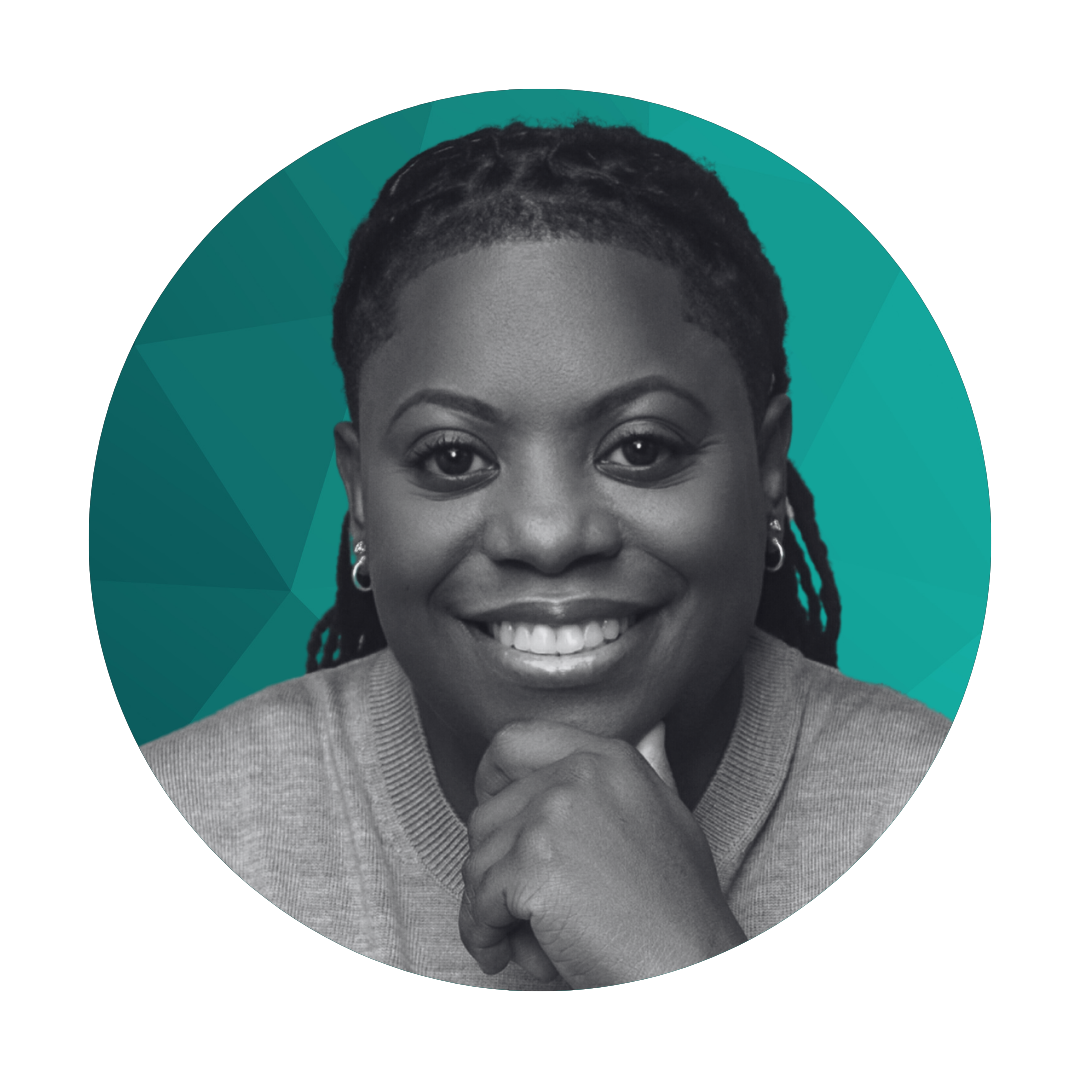 Black and white portrait of a smiling woman with short dreadlocks, wearing earrings, resting her chin on her hand, with a teal geometric background.