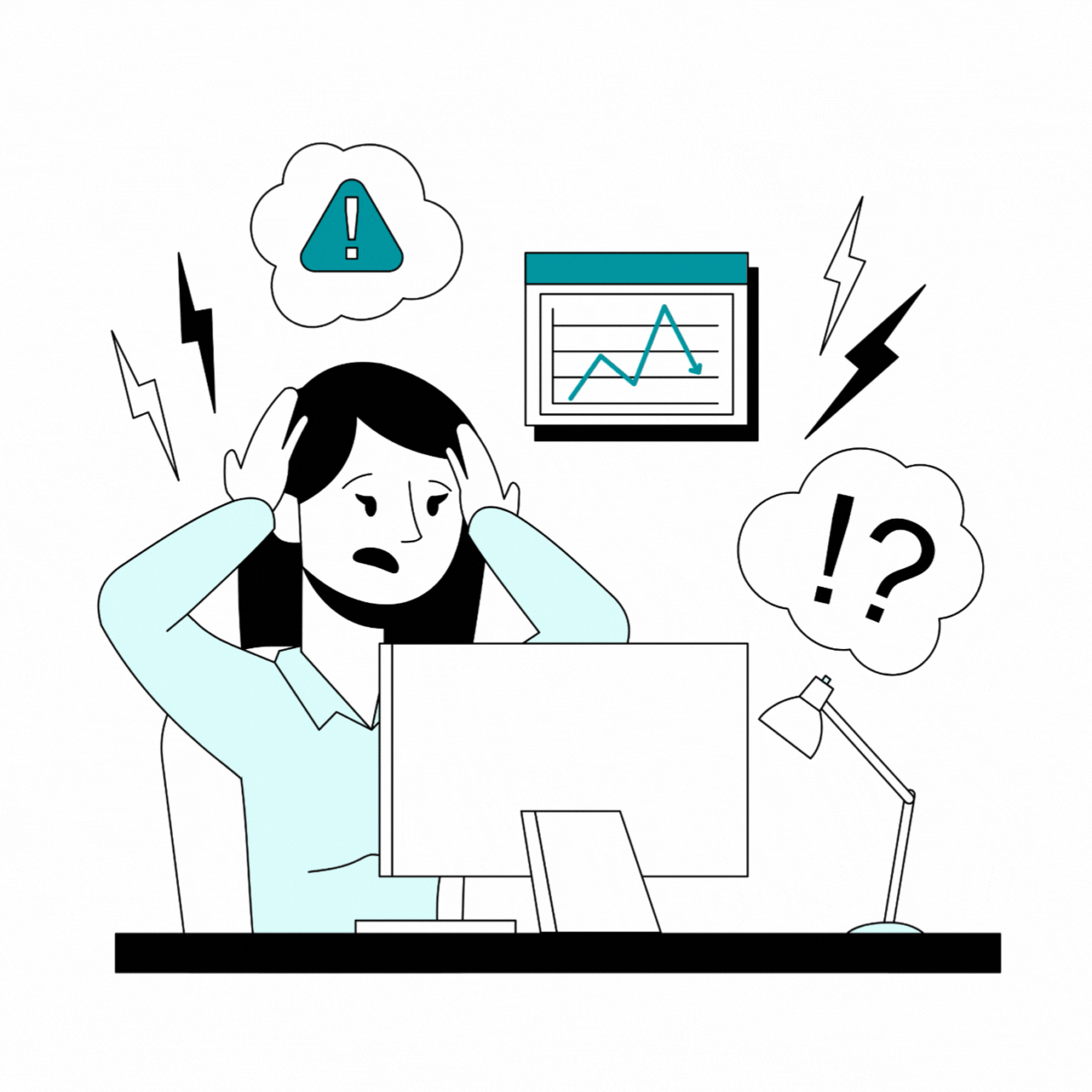 A woman holding her head in frustration while working on a computer, with stress symbols, warning signs, and complaint bubbles around her.