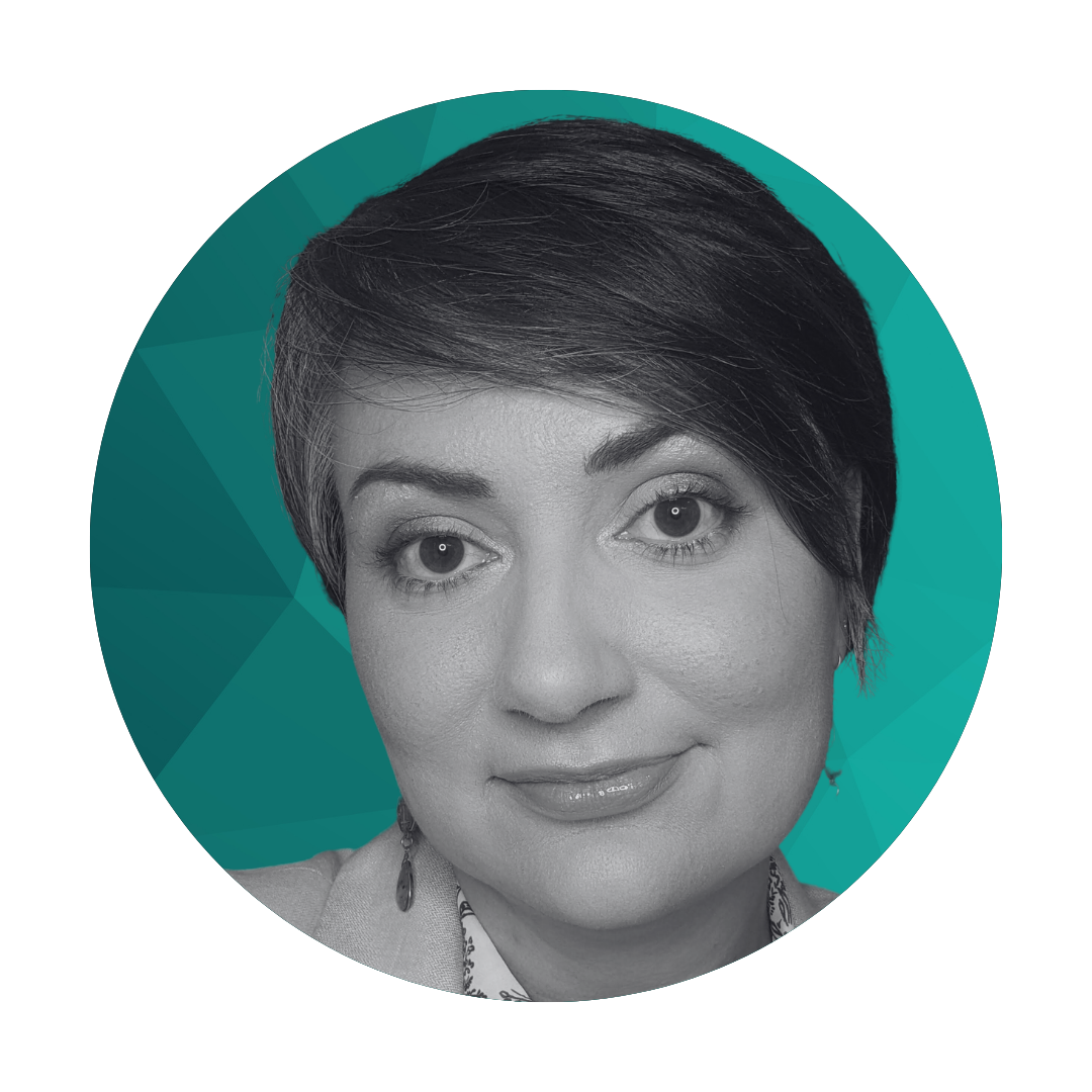 Black and white portrait of a woman with short dark hair, wearing earrings and a patterned blouse, set against a teal geometric background.