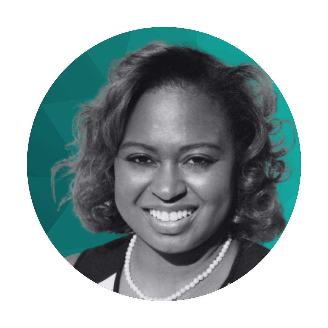 Black and white portrait of a smiling woman with shoulder-length curly hair, wearing a pearl necklace and a dark top, with a teal background featuring a geometric pattern.