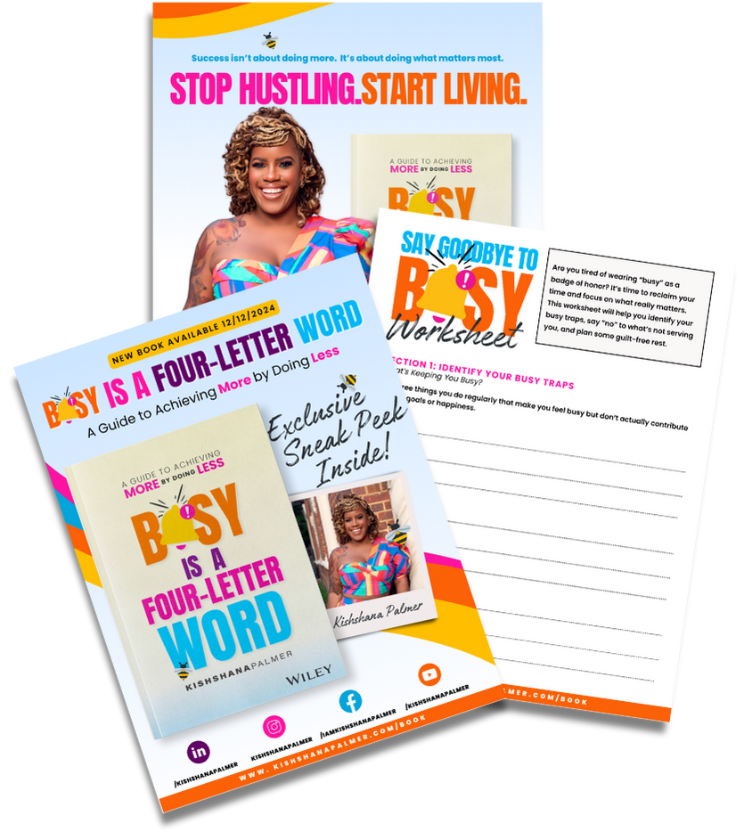 Promotional materials for a book titled 'Busy is a Four-Letter Word' by Kishshana Palmer, featuring a smiling woman with tattoos, marketing the book's release and related worksheets.
