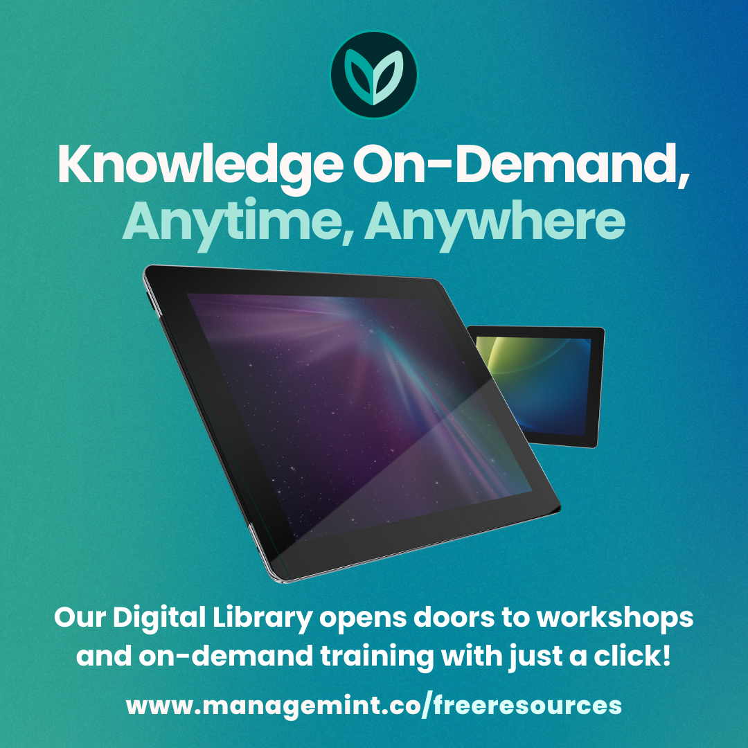 Graphic promoting a digital library with tablets displaying screens, featuring a logo with leaf design, and text highlighting on-demand workshop and training access via a website.