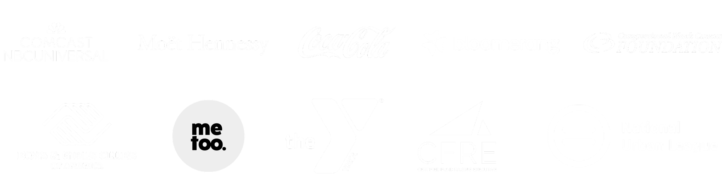 A collection of logos including Comcast NBCUniversal, Moët Hennessy, Coca-Cola, Bloomerang, Congressional Black Caucus Foundation, Boys & Girls Clubs of America, Me to We, the YMCA, CFR, and National Urban League.