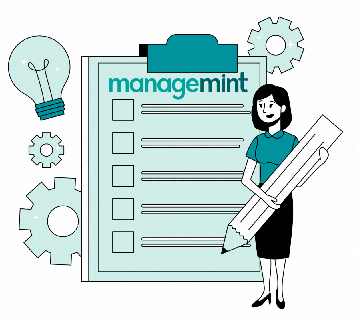 Illustration of a woman holding a giant pencil next to a management checklist with a clipboard titled 'management' and gear icons, lightbulb, and gears in the background.