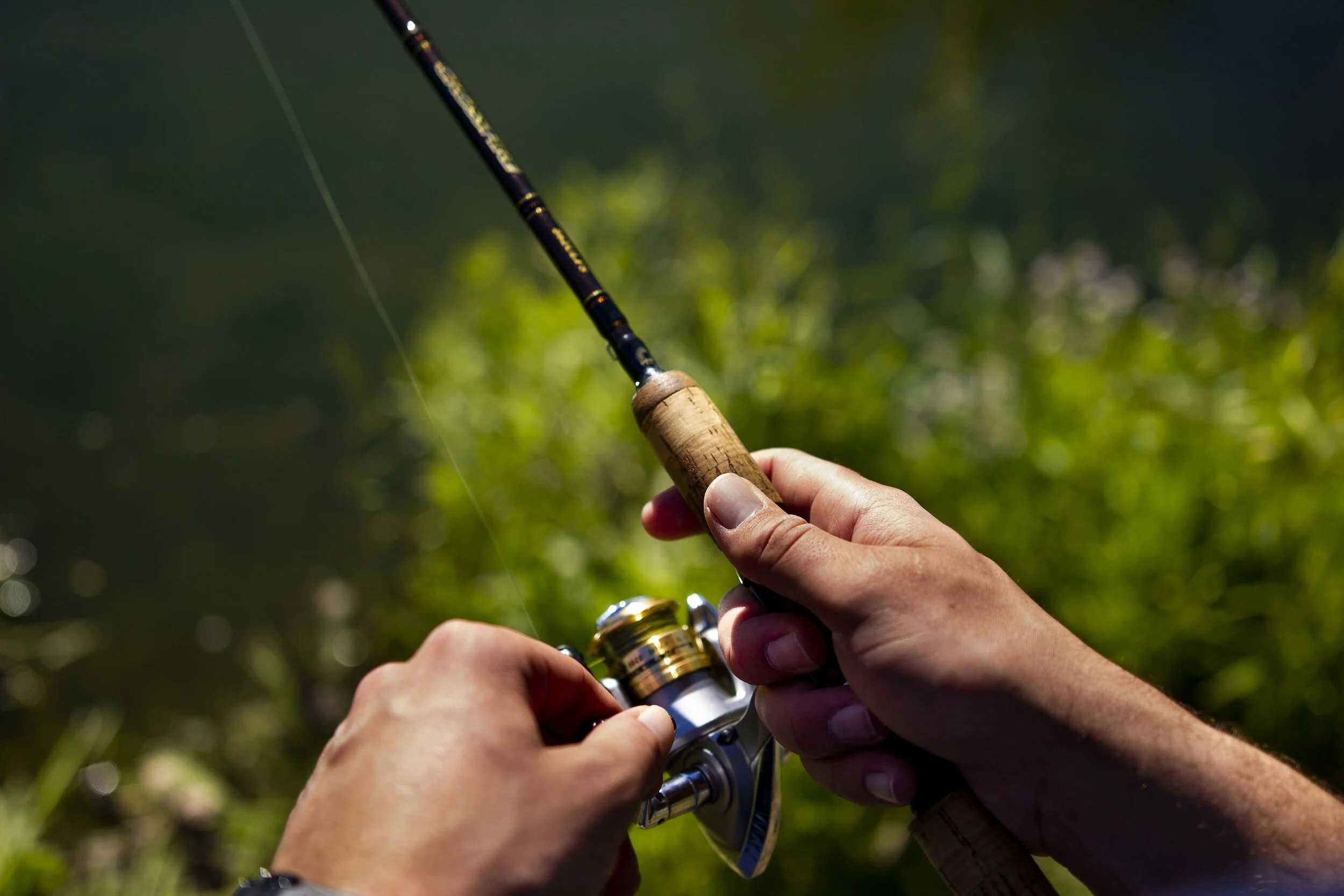 Someone reeling in a fish to represent the catch and release fishing you can do on the Bearfield Lodge 3/4 acre pond.