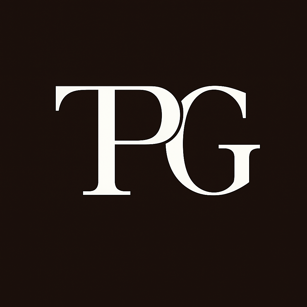 Black background with large white letters 'PG' in the center.