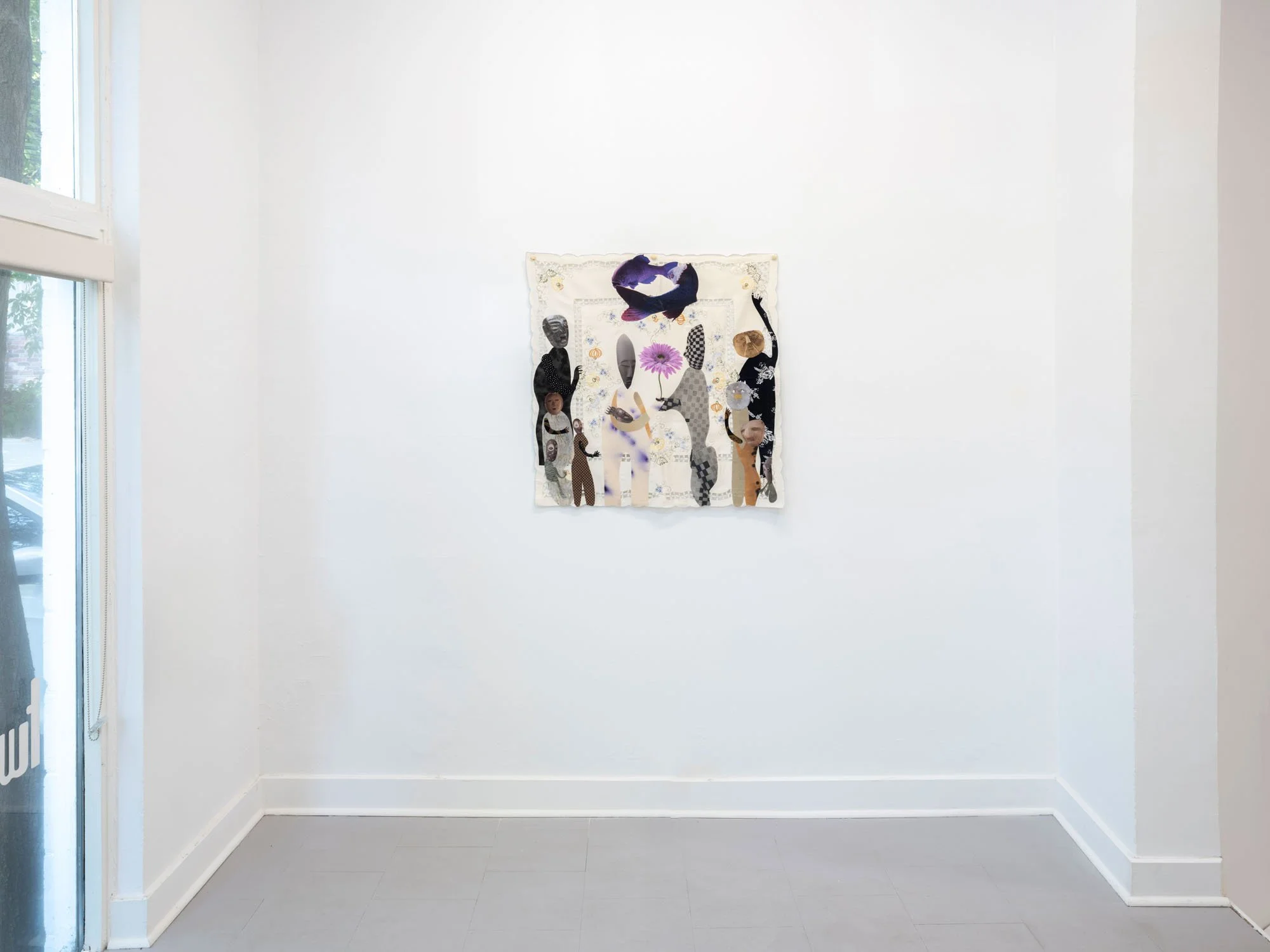 Gala Berger, "I Can Smell The Fire" (2024), embroidered tablecloth, sublimation on fabric, hand dyed cotton and pencil. 34'' x 34''.