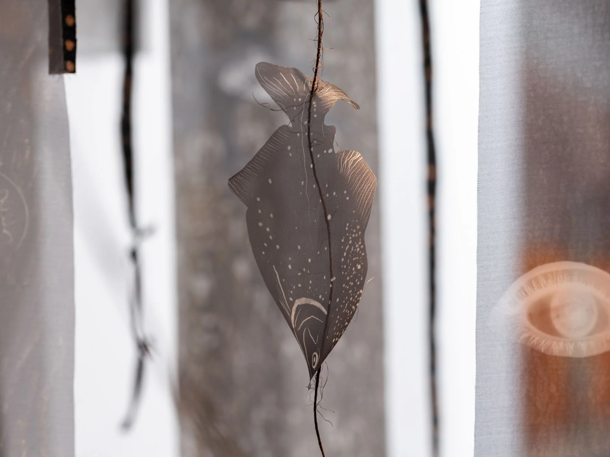 Detail, Gala Berger "Was It Your Fire?" (2024), Organza fabrics from Ciudad de México, Lusaka, Toronto, Montreal and Lima. Printed on digital sublimation. Dimensions variable.