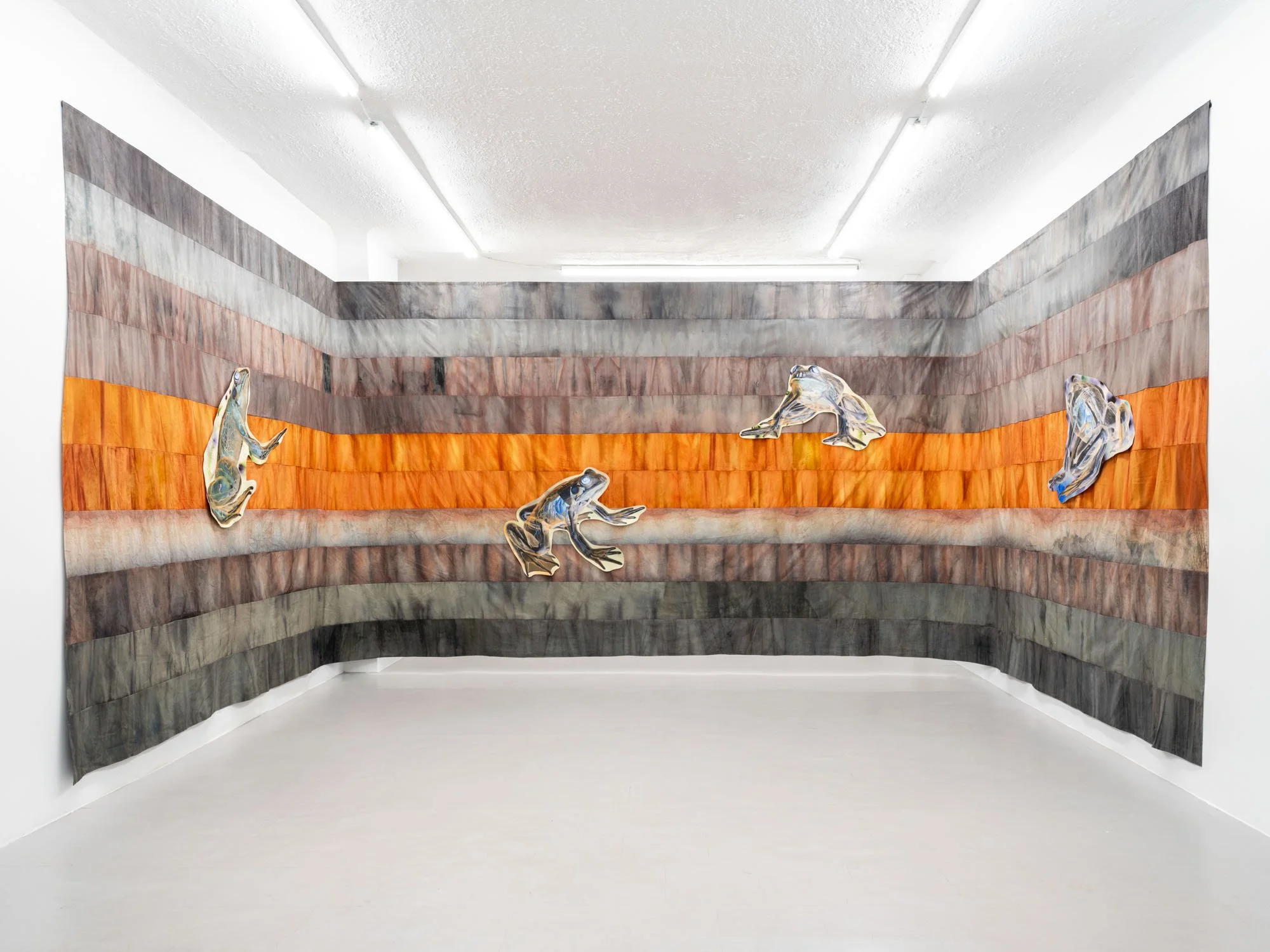 Gala Berger, "The Golden Flesh Spike" (2024), Fabric dyed with water from the Amazon River (South America), Crawford Lake (Ontario), Lake Ontario, Pacific Ocean, Tanti Stream (Argentina), Ucayali River (Peru), Paraná River (South America), Zambezi Ri