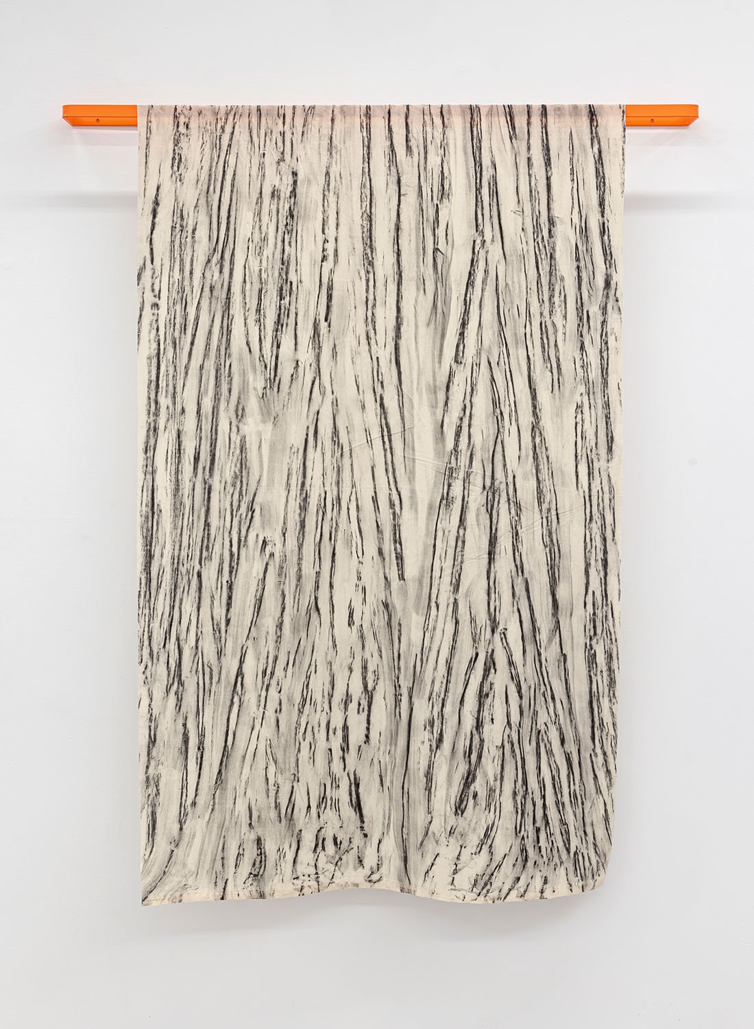 Holly Ward, "Contact" (2022-25), Charcoal on unbleached cotton, powder-coated steel. 62''h x 51''w x 5''d.