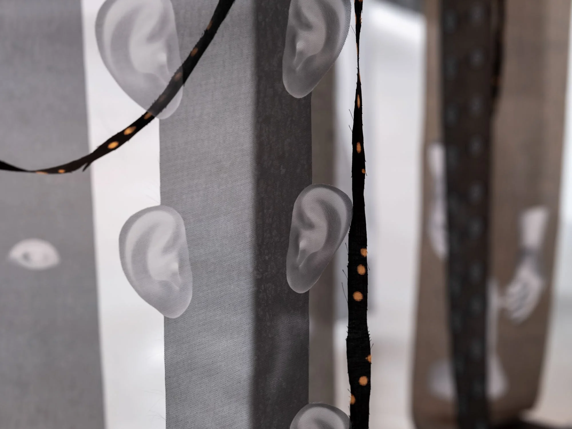 Detail, Gala Berger "Was It Your Fire?" (2024), Organza fabrics from Ciudad de México, Lusaka, Toronto, Montreal and Lima. Printed on digital sublimation. Dimensions variable.