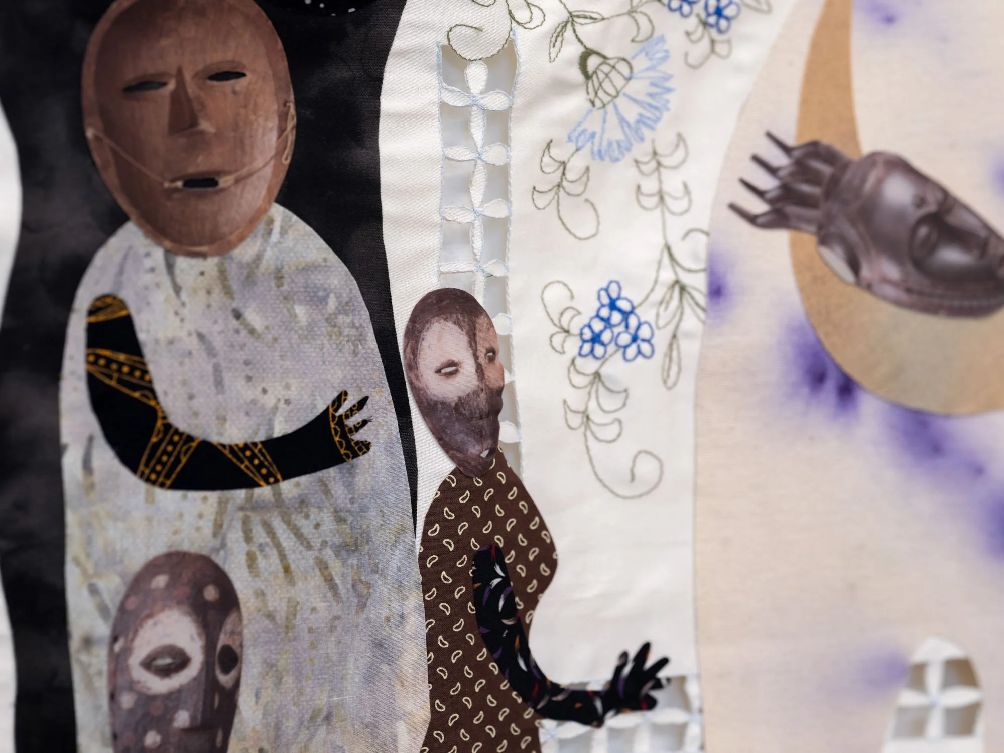 Detail, Gala Berger, "I Can Smell The Fire" (2024), embroidered tablecloth, sublimation on fabric, hand dyed cotton and pencil. 34'' x 34''.