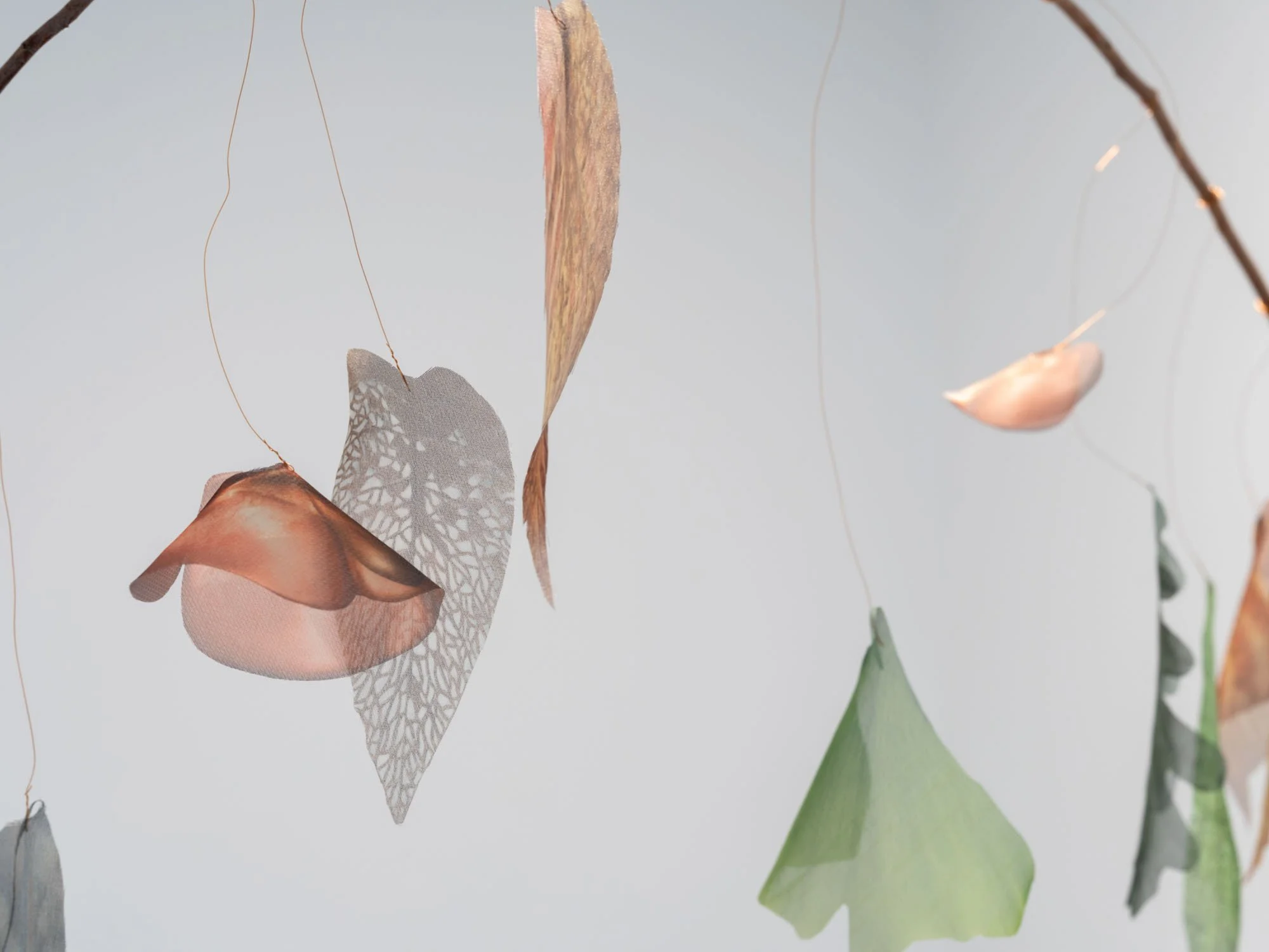 Gala Berger, "I can smell the fire" (2024), dried branch, digital sublimation on organza and copper wire. Dimensions variable.