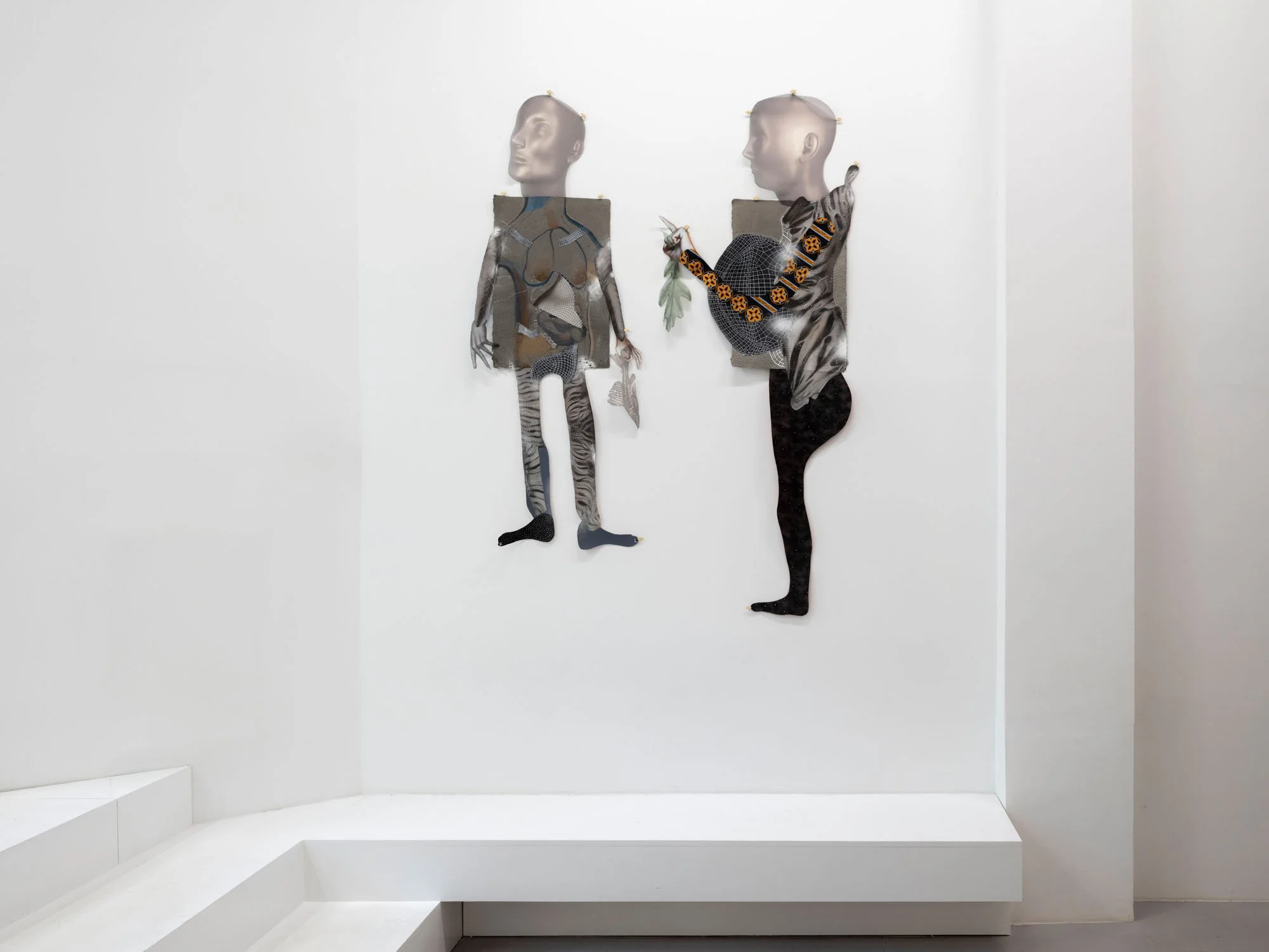 (From left) Gala Berger, "Series Canadá es una serpiente larga / Toxic Intimacies" (2024). Carbon paper and sublimation fabric on cotton. 63'' x 21''.

Gala Berger, "Series Canadá es una serpiente larga / Us" (2024), Carbon paper and sublimation fabr