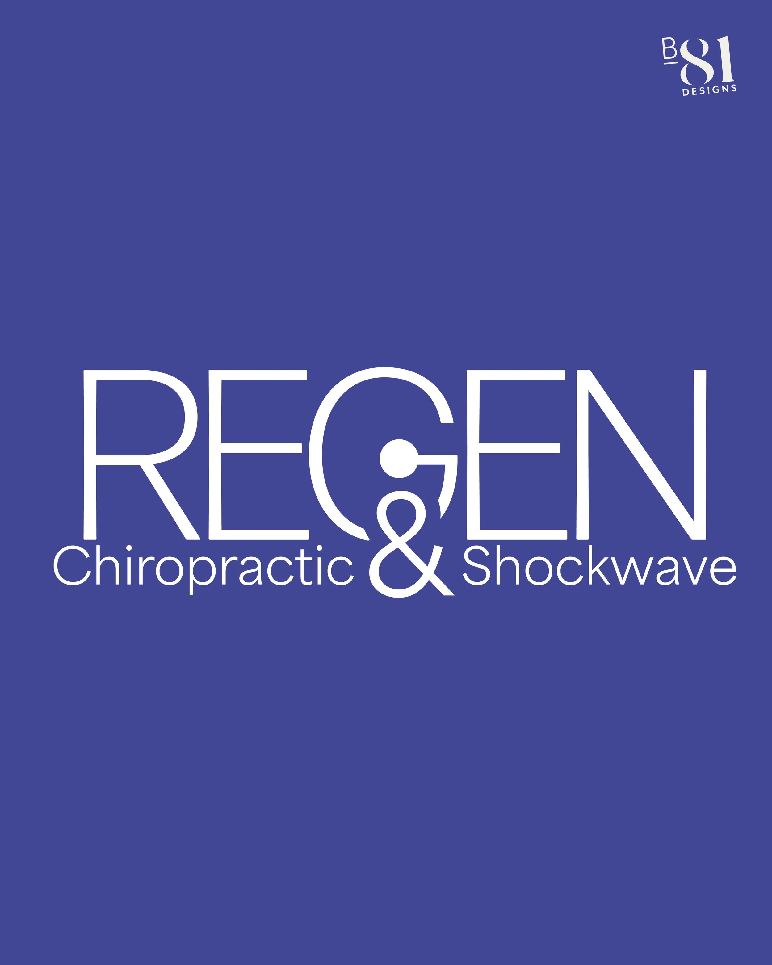 Regen Chiropractic & Shockwave logo with a tall white wordmark, a dot in the G as a head and a green ampersand as the body