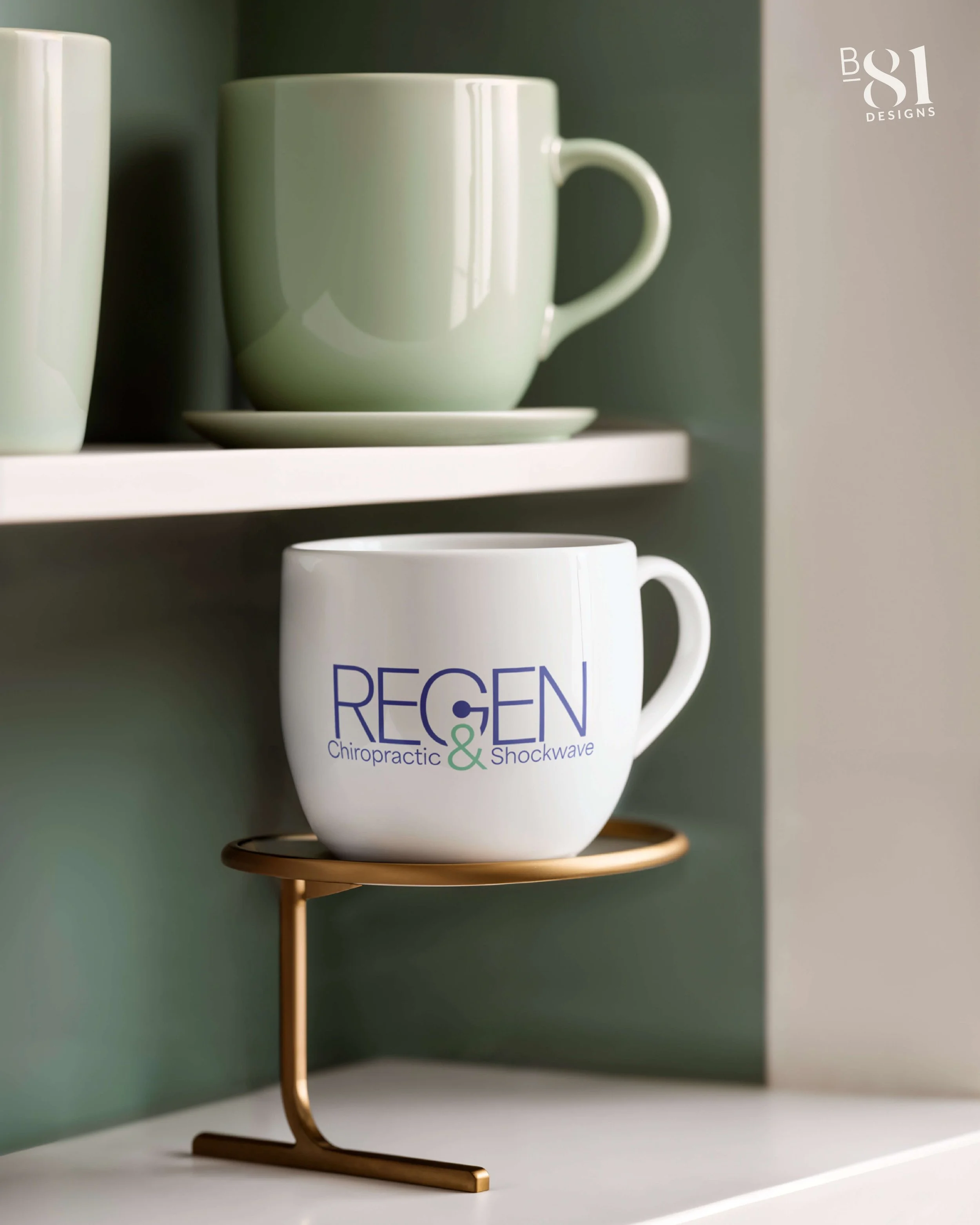 Regen Chiropractic & Shockwave branded mug with the logo in indigo and green