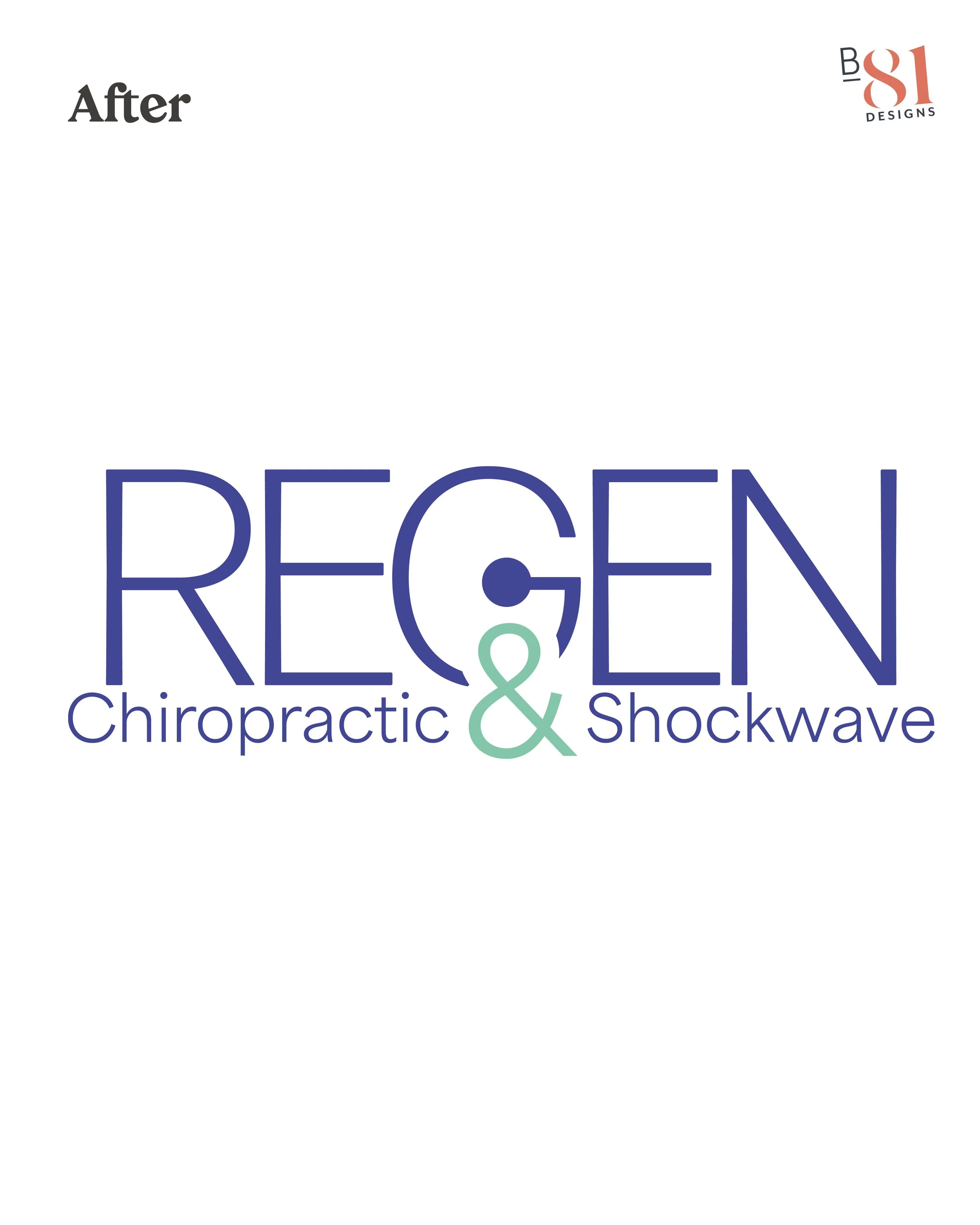 Regen Chiropractic & Shockwave logo with a tall indigo wordmark, a dot in the G as a head and a green ampersand as the body